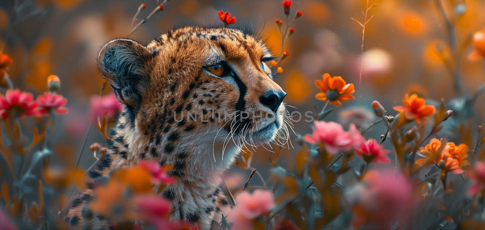 A close-up photograph of a cheetahs head, taken in a meadow filled with vibrant orange and pink flowers. The cheetahs spotted fur is in focus, and its eyes are looking towards the right side of the frame. The image creates a sense of tranquility and beauty, highlighting the contrasting colors and textures of the animal and its natural surroundings.