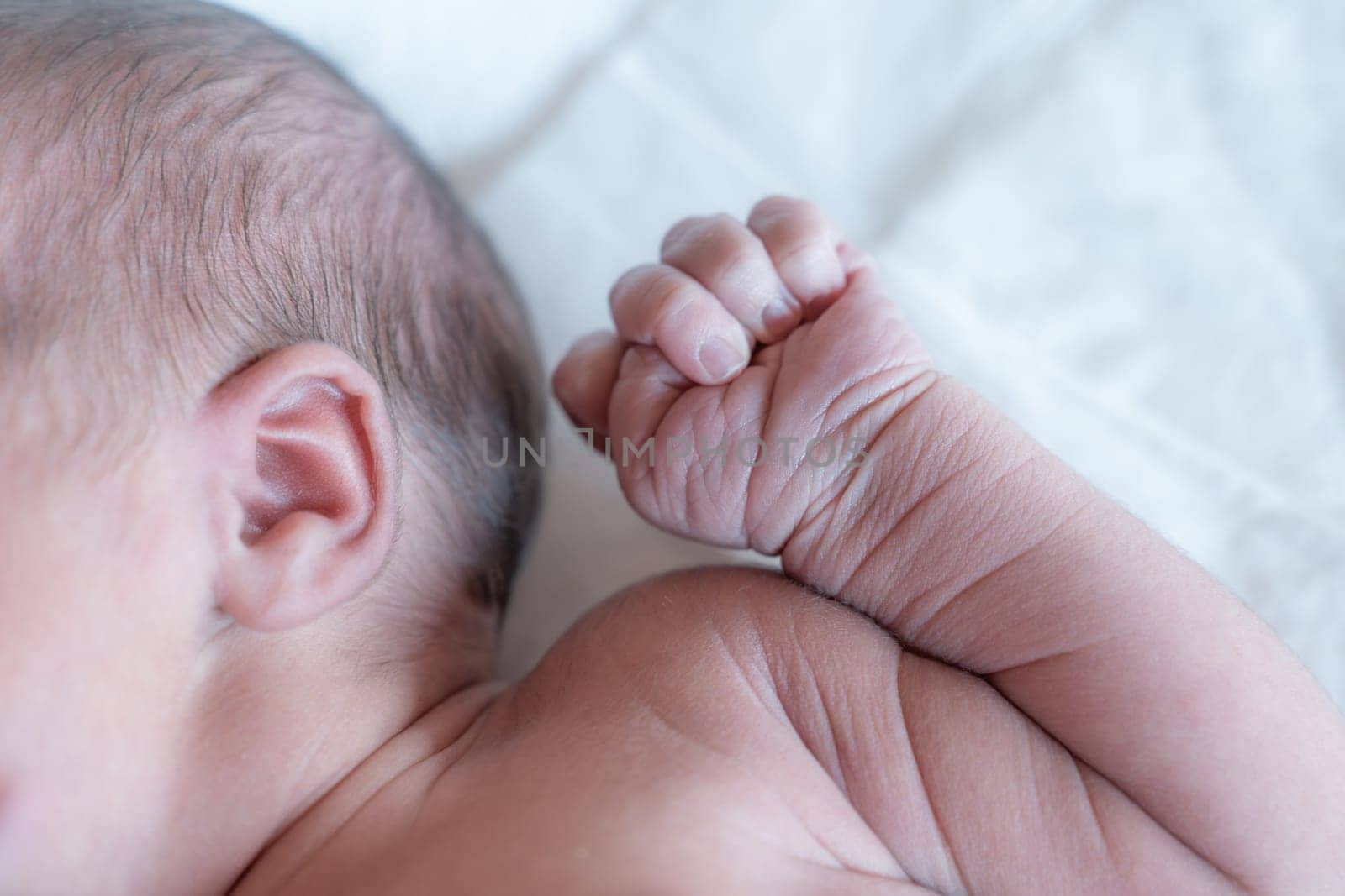 Closeup of a newborn baby's hand on white blanket. High quality photo