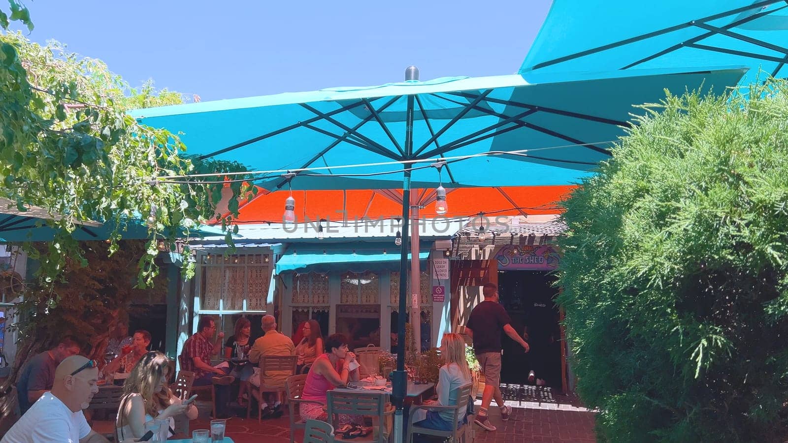 Santa Fe, New Mexico, USA-June 11, 2024-Slow motion-A vibrant outdoor cafe featuring colorful umbrellas providing shade for patrons enjoying their meals on a sunny day. The setting includes lush greenery and a relaxed atmosphere.