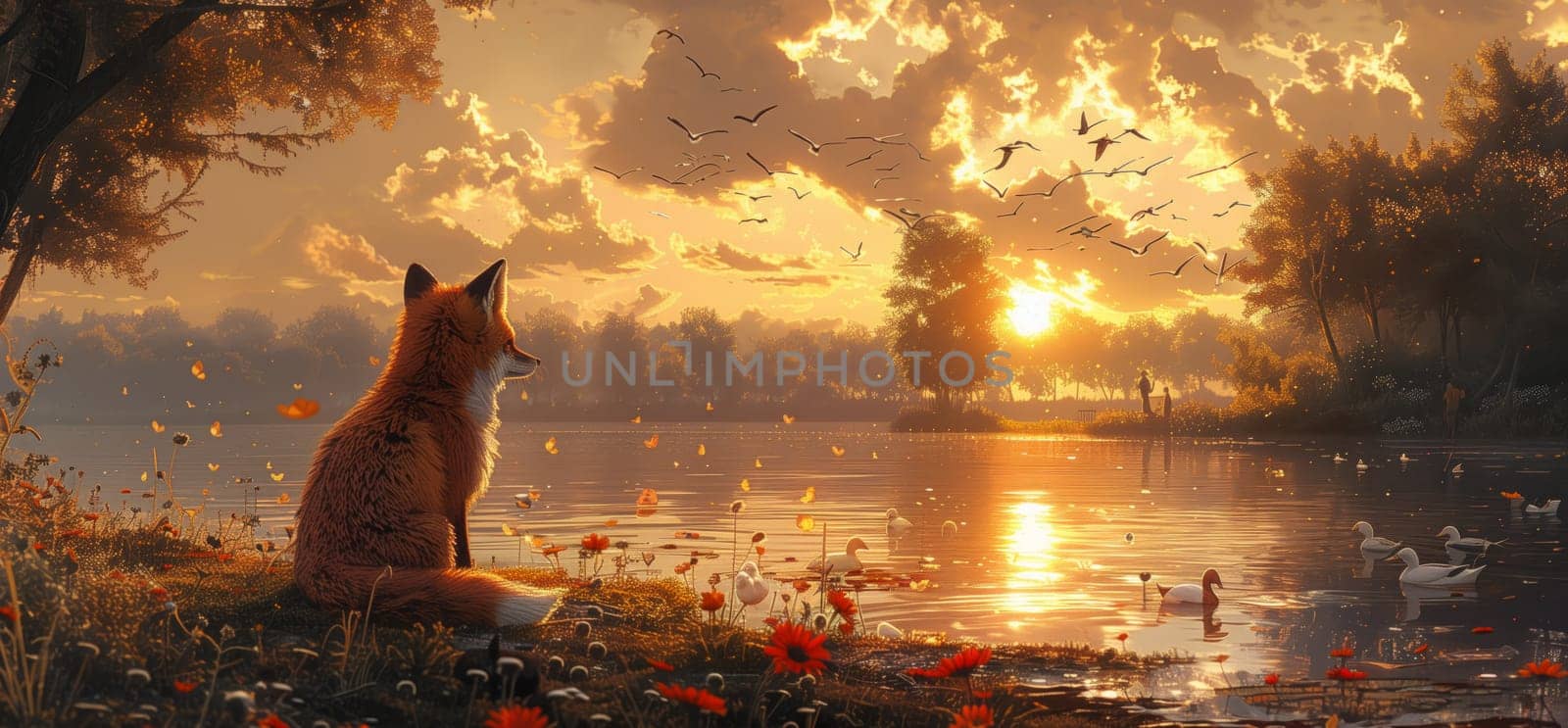 A red fox sits on the grassy shore of a lake, watching the sun set over the water. The sky is filled with a golden light, and birds fly overhead. Ducks swim in the lake, and red flowers bloom along the shore.