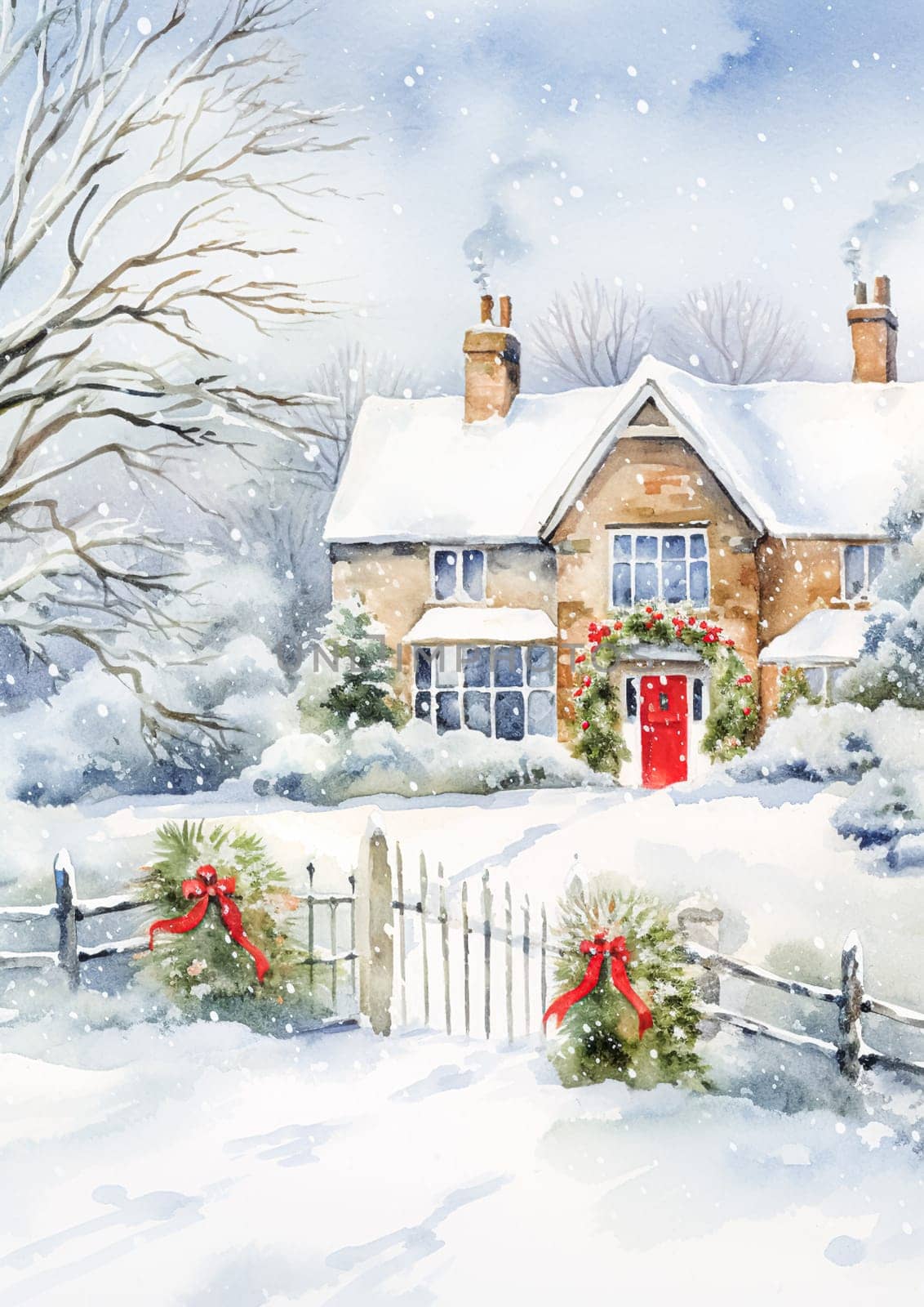 Watercolour printable winter countryside art print, English country cottage and snow, Christmas holiday, thank you and Happy Holidays diy greeting card design