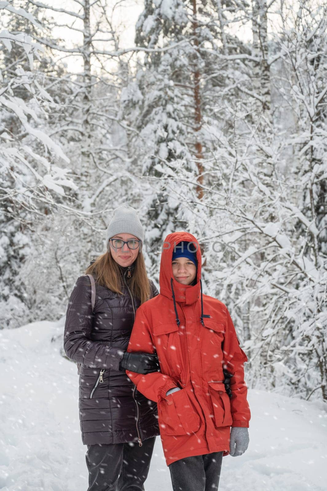 Woman with her son walking in snowy winter forest, snowy winter day