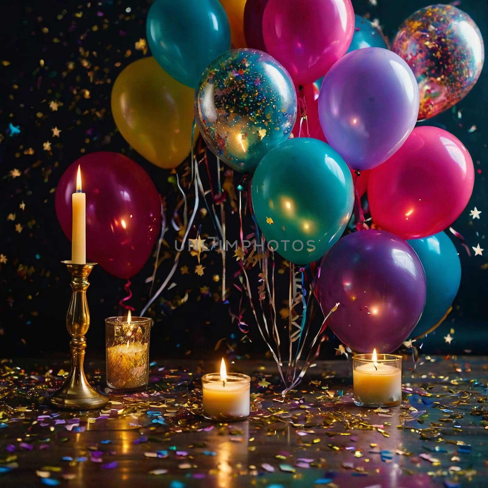 Lots of colorful festive balloons and confetti. High quality photo.