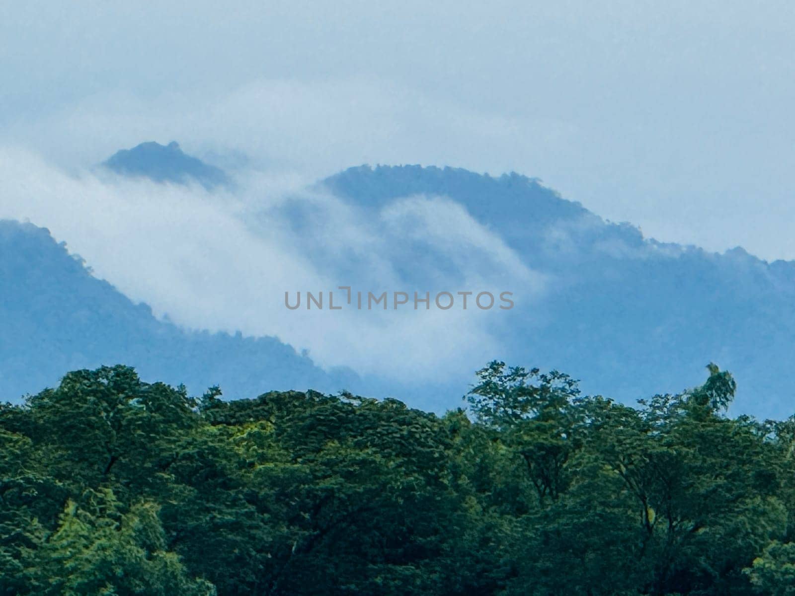 A panoramic view of a mountain range with white clouds obscuring the peaks on a clear, sunny day. Lush green trees are visible in the foreground. The overall image evokes a sense of peacefulness and tranquility.