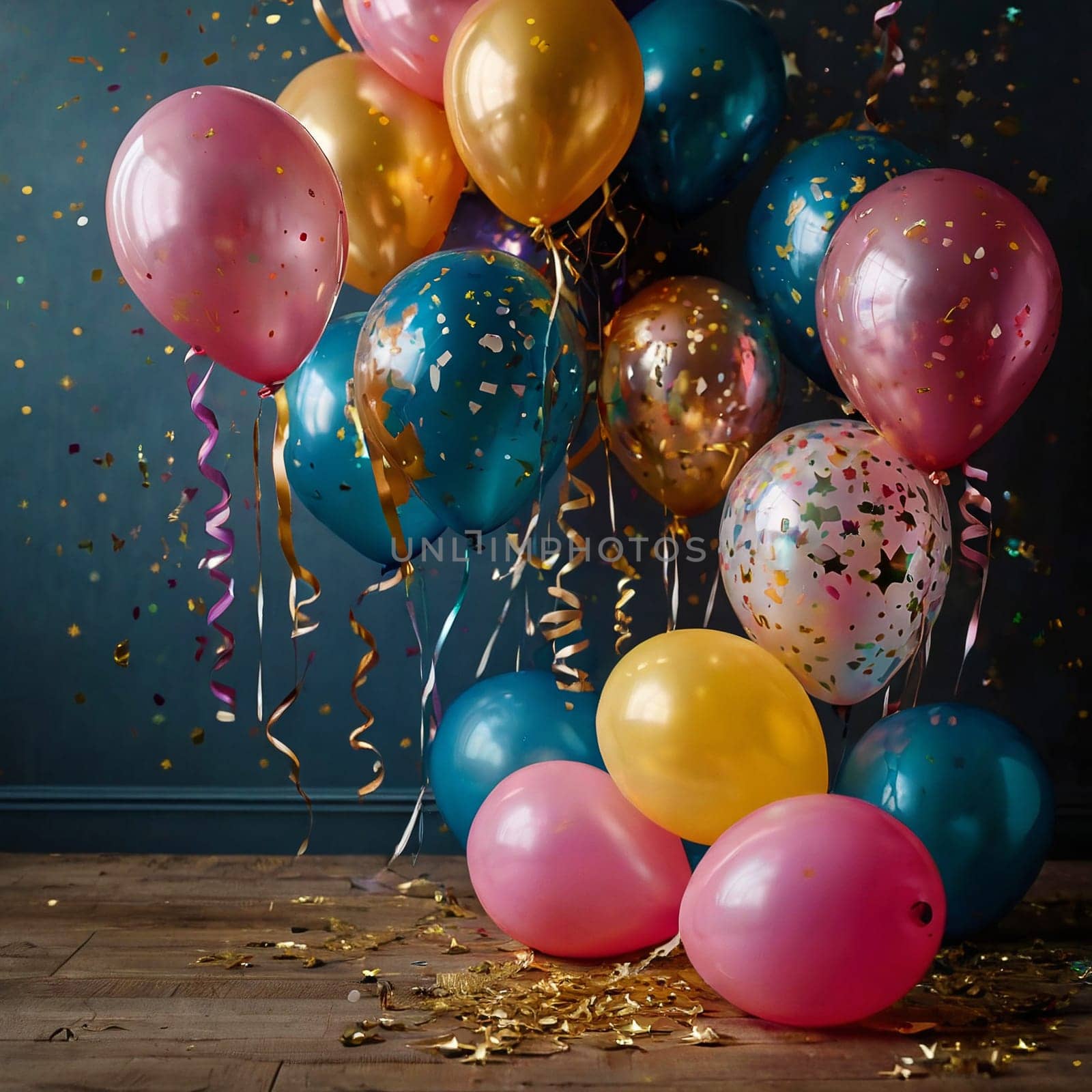 Lots of colorful festive balloons and confetti. High quality photo.