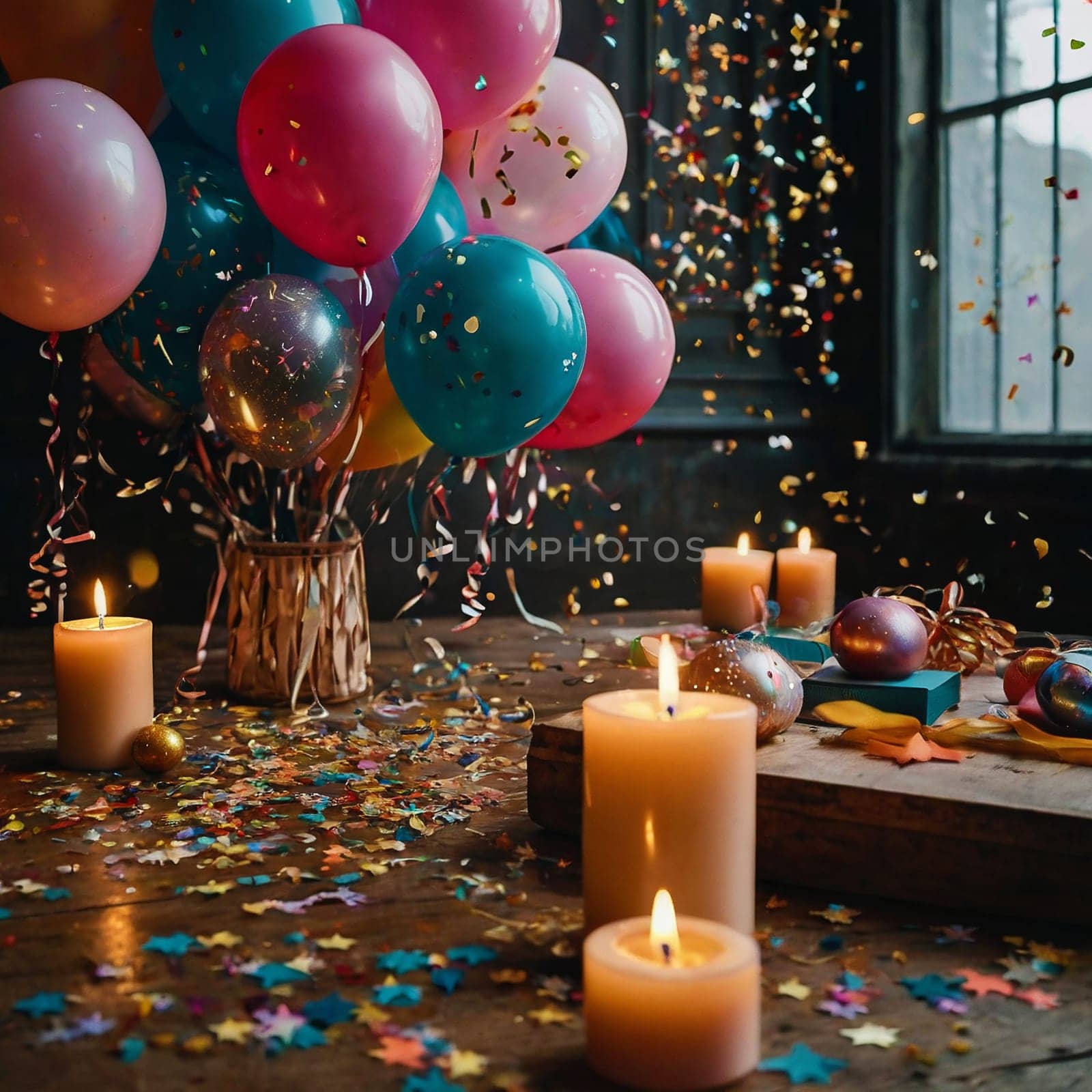 Lots of colorful festive balloons and confetti by VeronikaAngo