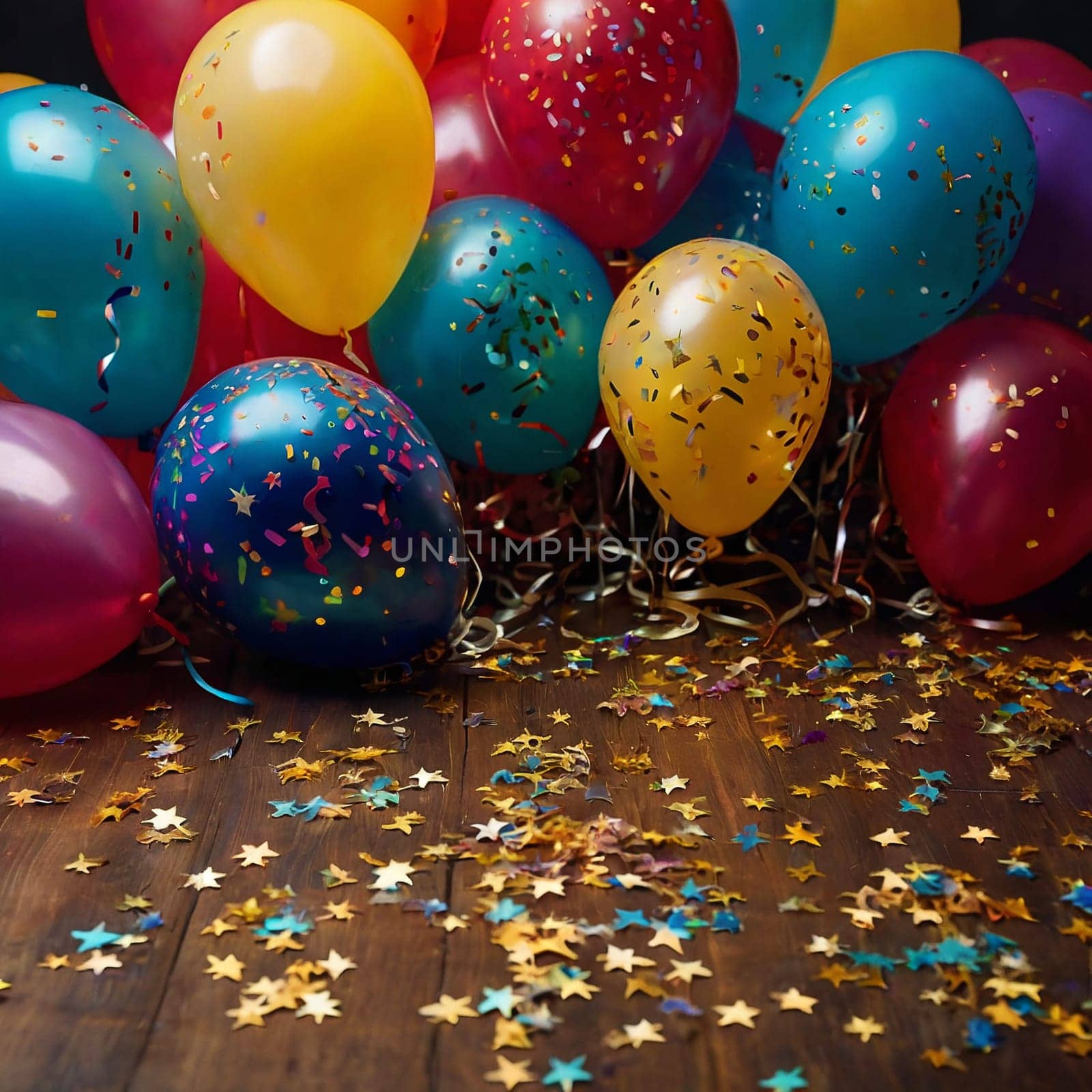 Lots of colorful festive balloons and confetti by VeronikaAngo