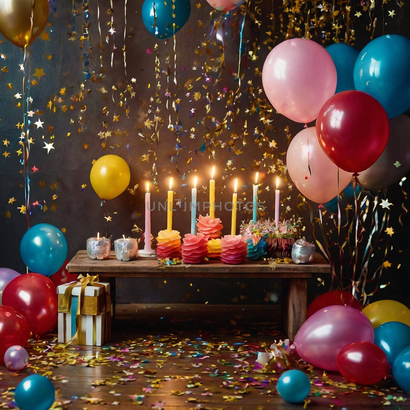 Lots of colorful festive balloons and confetti. High quality photo.