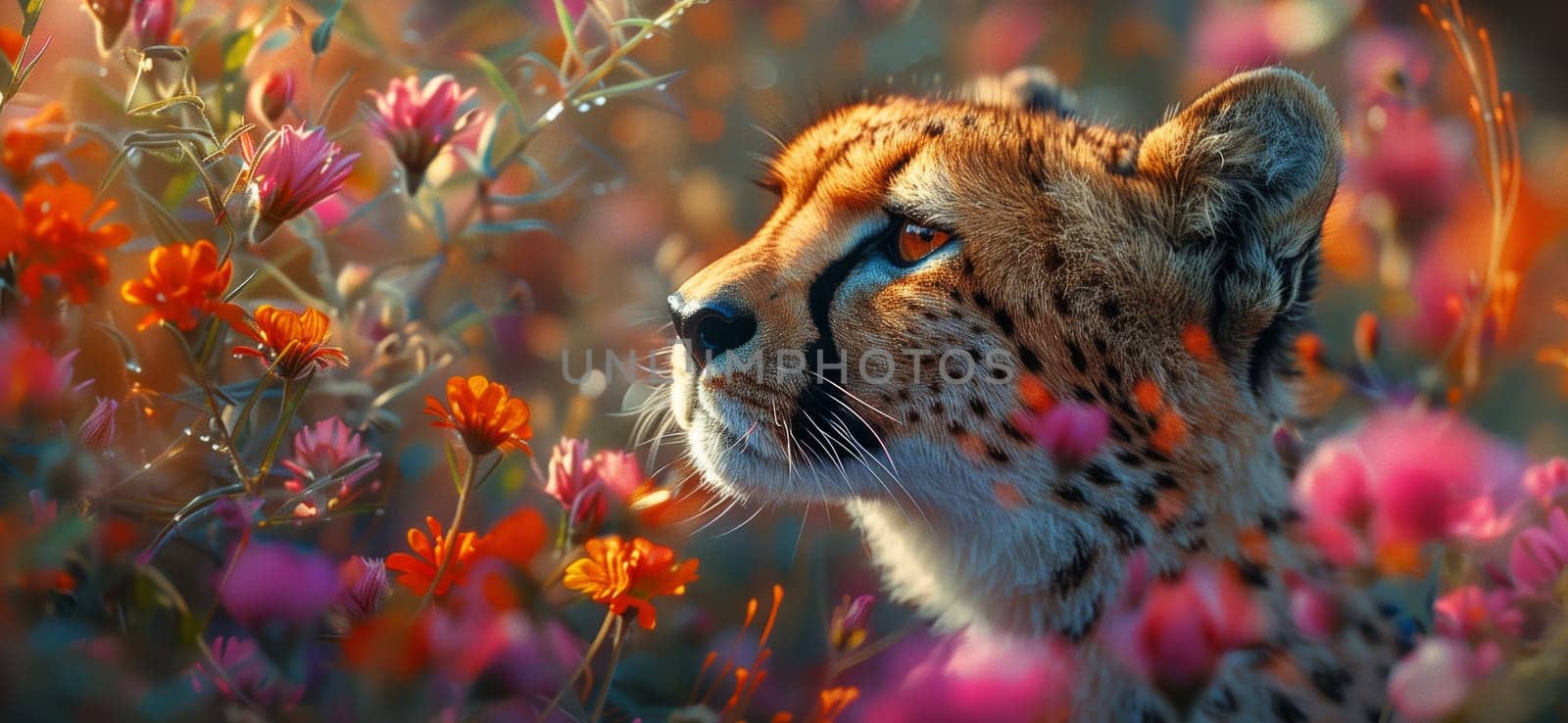 A close-up portrait of a cheetah looking up and to the right, surrounded by a blur of colorful wildflowers. The cheetahs fur is a rich brown with black spots, and its eyes are a bright orange. The background is a soft golden color, suggesting the time of day is late afternoon or early evening.