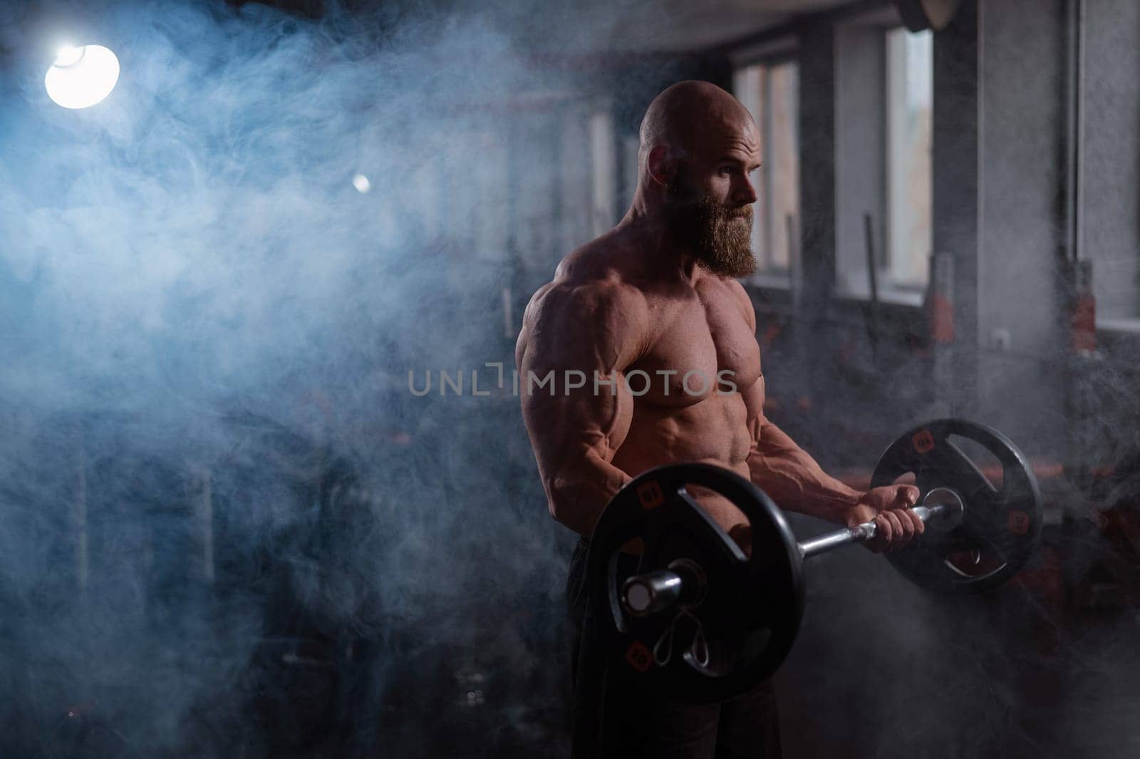 Caucasian bald topless man doing an exercise with a barbell in the gym. Bicep curls with weights. by mrwed54