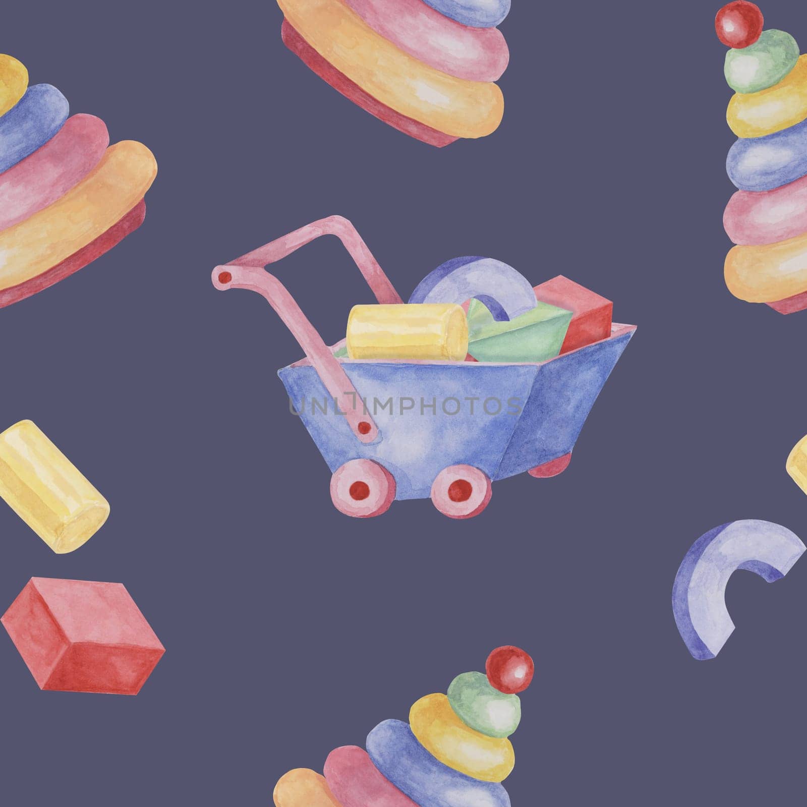 Toy wheelbarrow, stacking rings tower and blocks. Retro cart and puzzle. Simple Baby seamless pattern. Textile print for kids clothes, children's nursery wallpaper, wrapping paper, scrapbooking