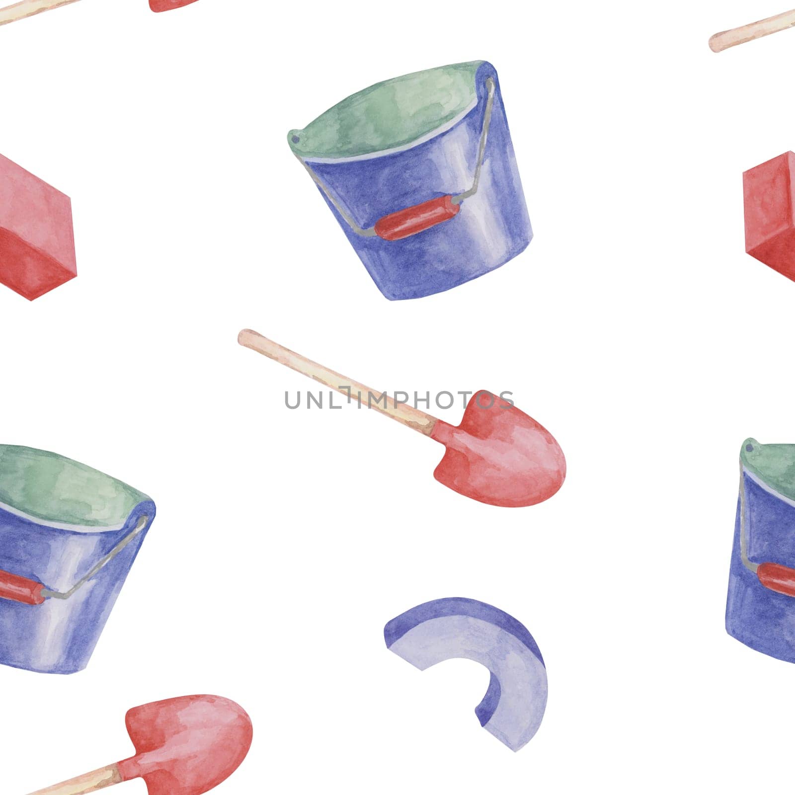 Bucket and shovel toys baby seamless pattern. Beach sand play tools. Textile print gardening tools for kids clothes, nursery wallpaper, bed linen by Fofito