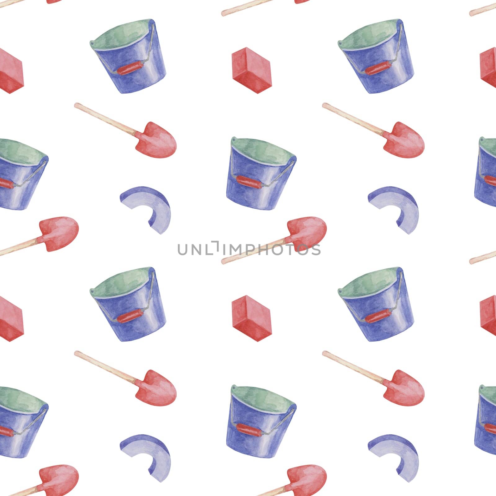 Bucket and shovel toys baby seamless pattern. Beach sand play objects. Watercolor Textile print with gardening tools for kids clothes, children's nursery wallpaper, wrapping paper, scrapbooking