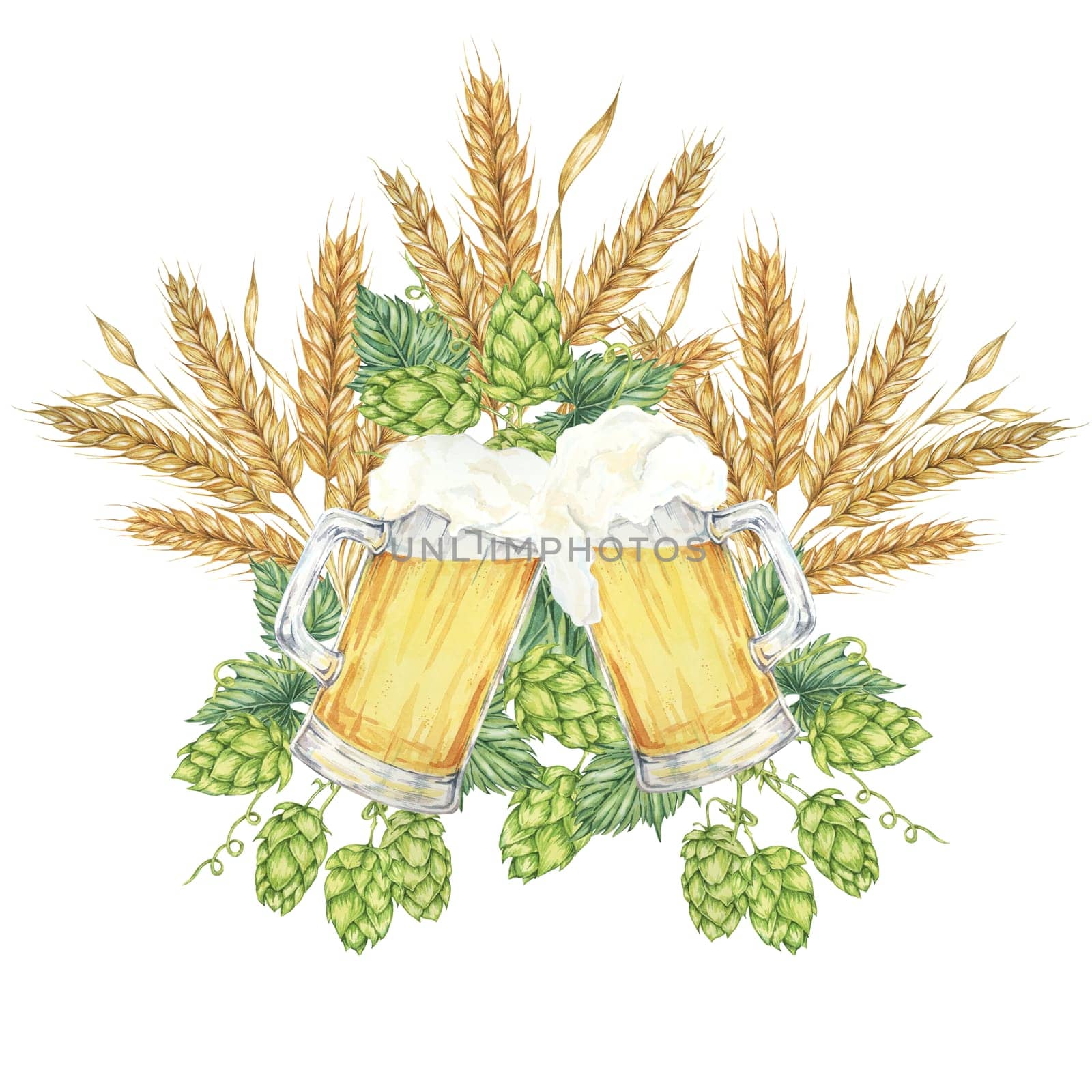 Cheers with beer mugs with light lager beer surrounded by barley ears, wheat stalks and green hops. Oktoberfest composition in watercolor. Clipart for festive designs, card, brewery, flyer, coaster