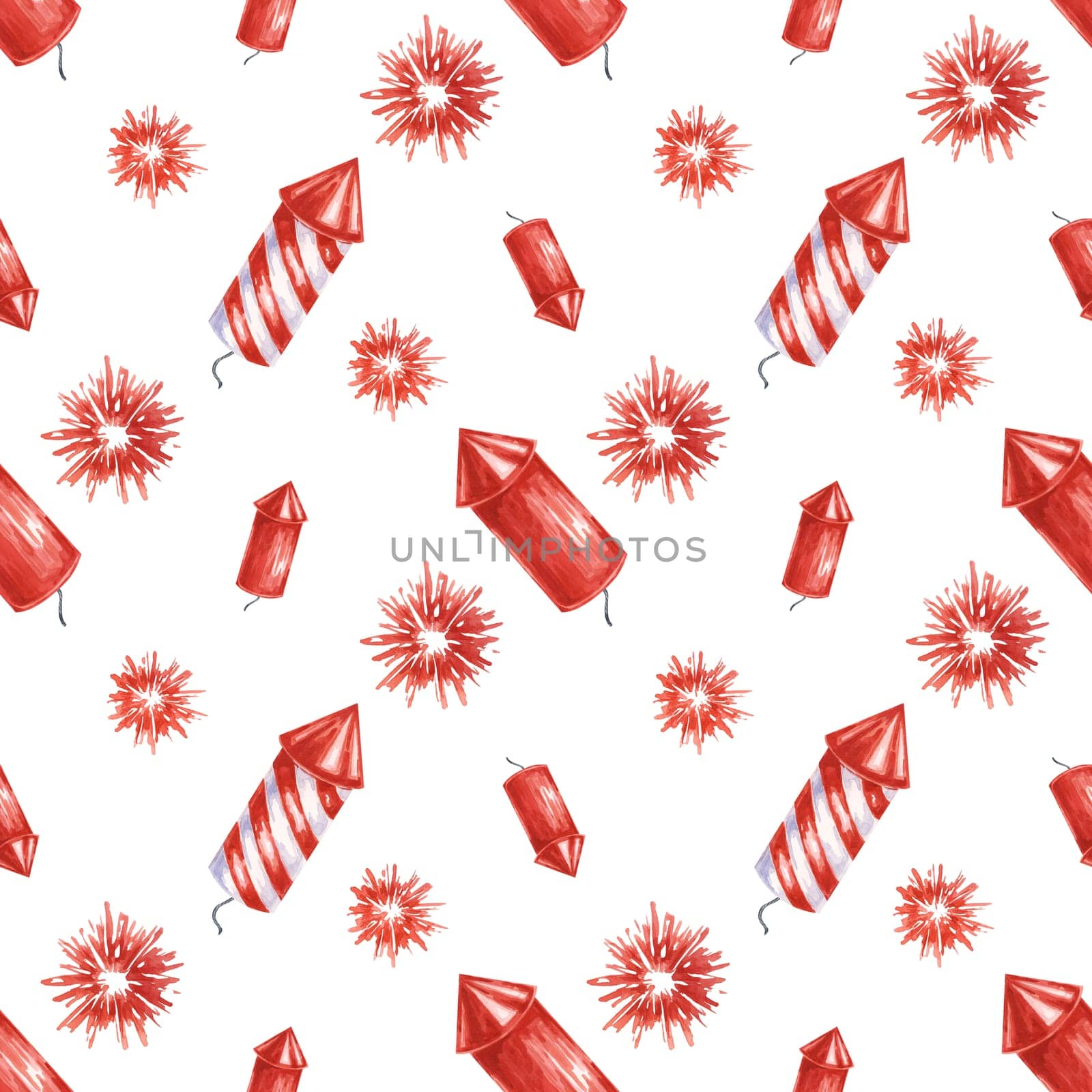 Fourth of July seamless pattern. Red firecrackers and fireworks bursts. Independence day national holiday clipart for wrapping paper, napkins by Fofito