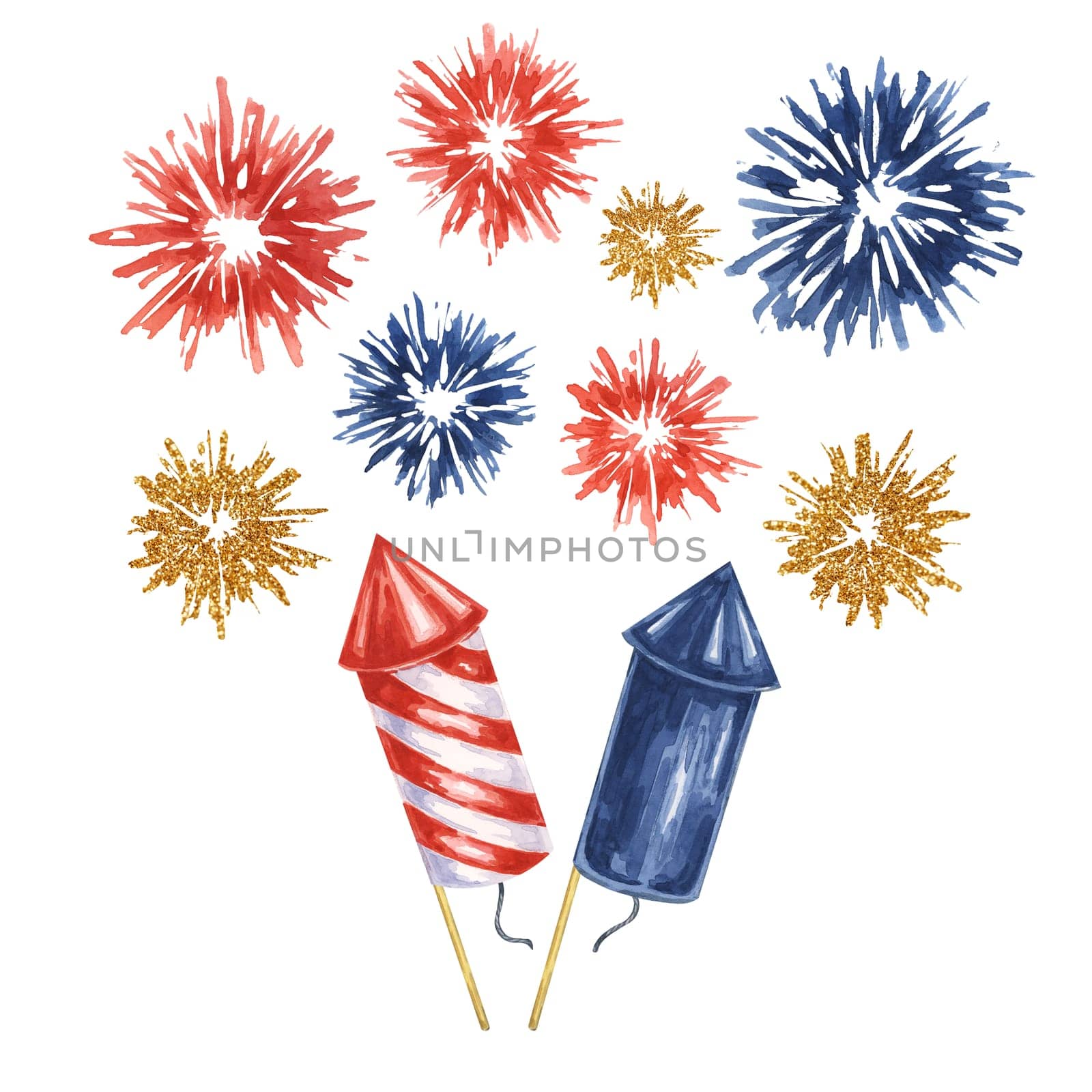 Fourth of July composition. Red, Blue, firecrackers and fireworks bursts. Independence day national holiday clipart for cards, flyers by Fofito