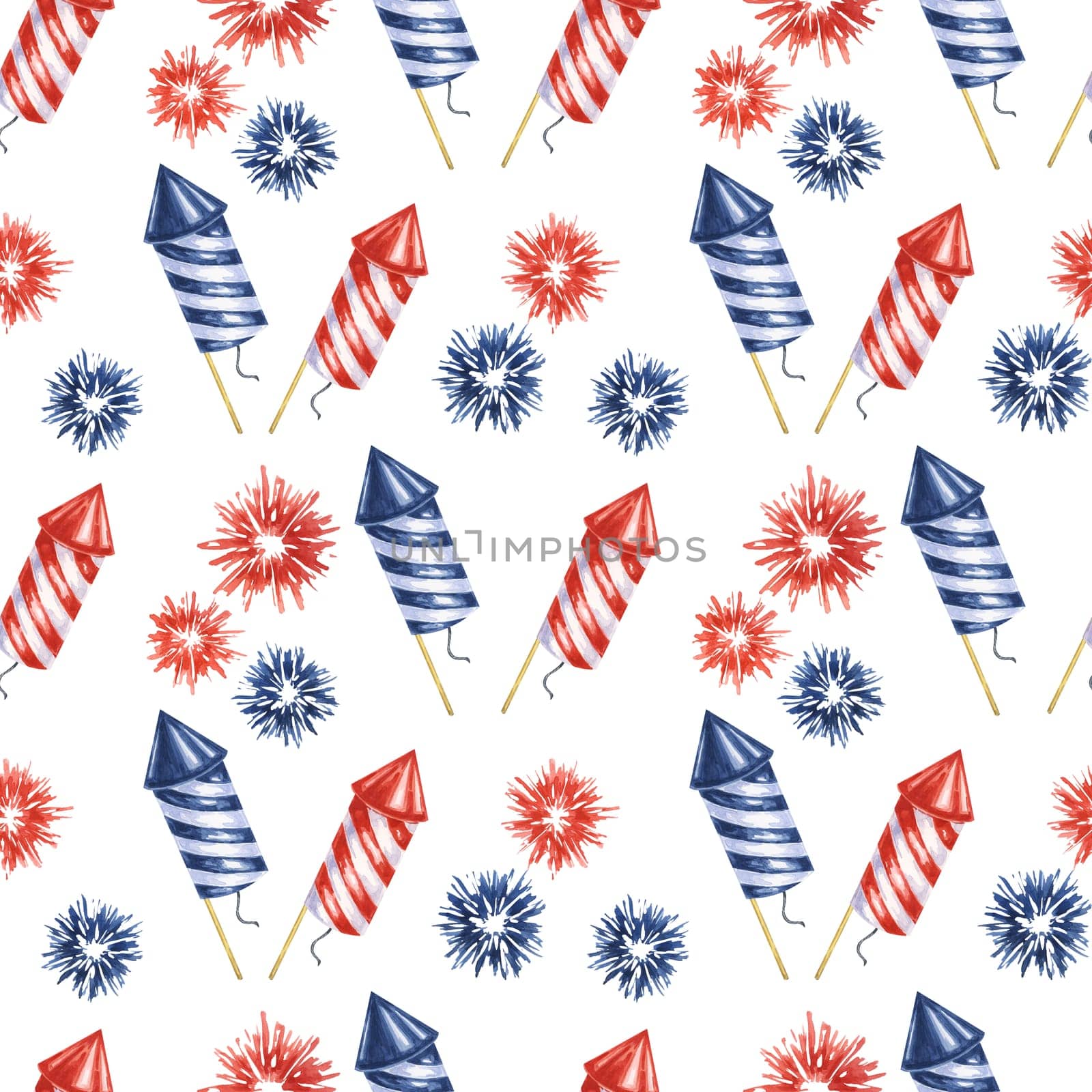 Fourth of July seamless pattern. Red, Blue firecrackers and fireworks bursts. Independence day holiday background. Hand drawn watercolor 4th of July clipart for wrapping paper, gifts, textile, napkins