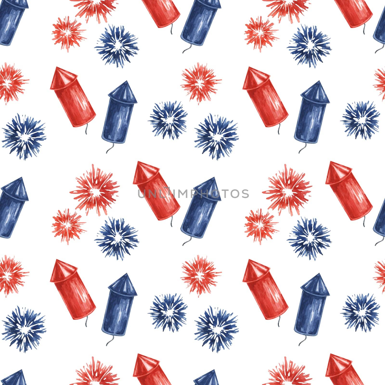 Fourth of July seamless pattern. Red, Blue, firecrackers and fireworks bursts. Independence day national holiday clipart for wrapping paper, napkins by Fofito