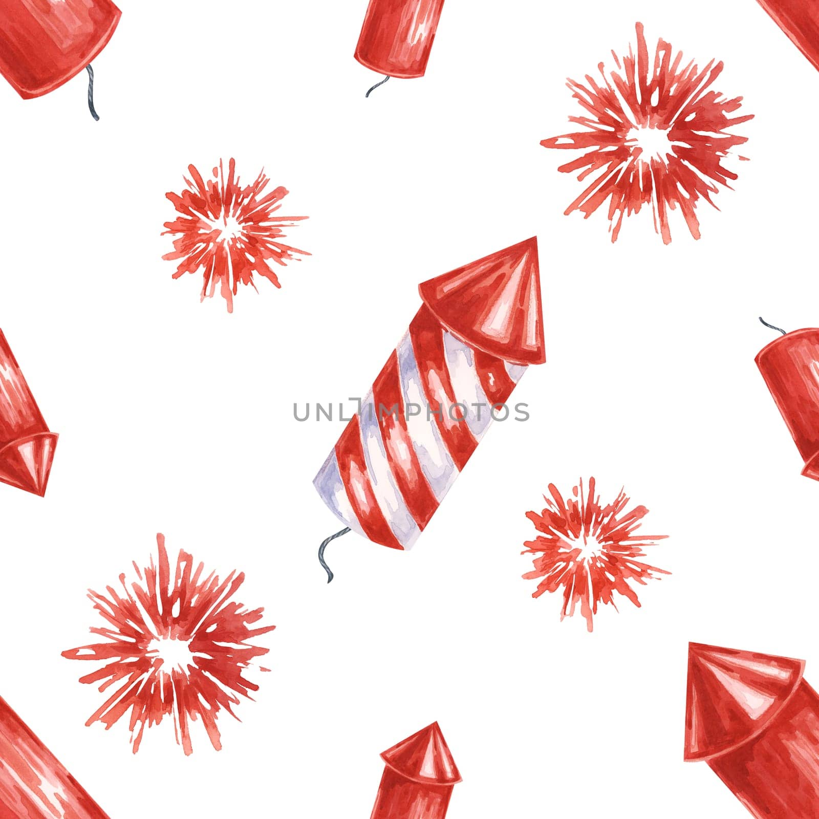 Fourth of July seamless pattern. Red firecrackers and fireworks bursts. Independence day national holiday clipart for wrapping paper, napkins by Fofito