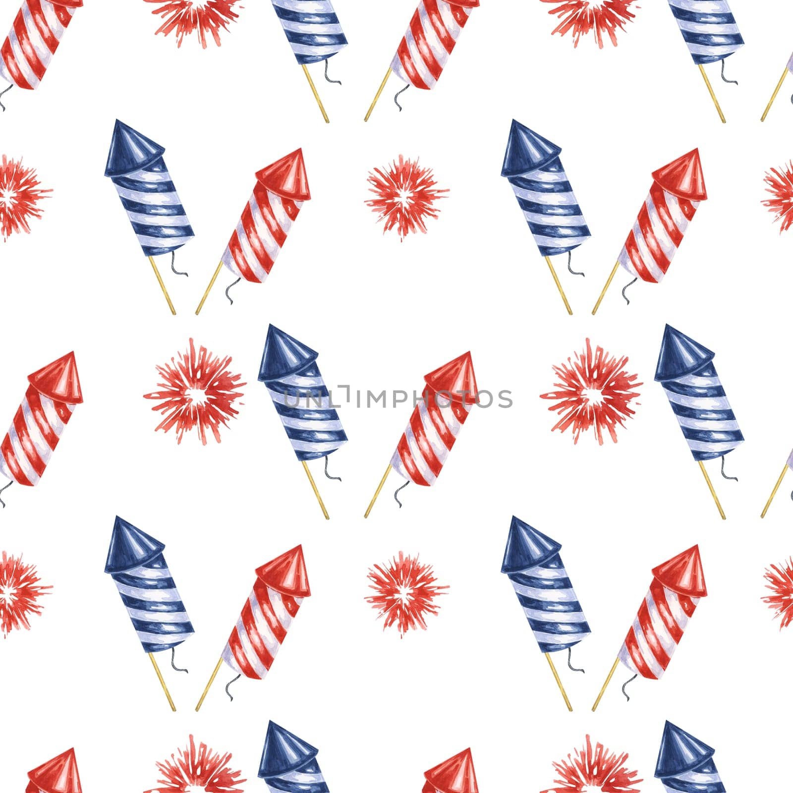 Fourth of July seamless pattern. Red, Blue, firecrackers and fireworks bursts. Independence day national holiday clipart for wrapping paper, napkins by Fofito