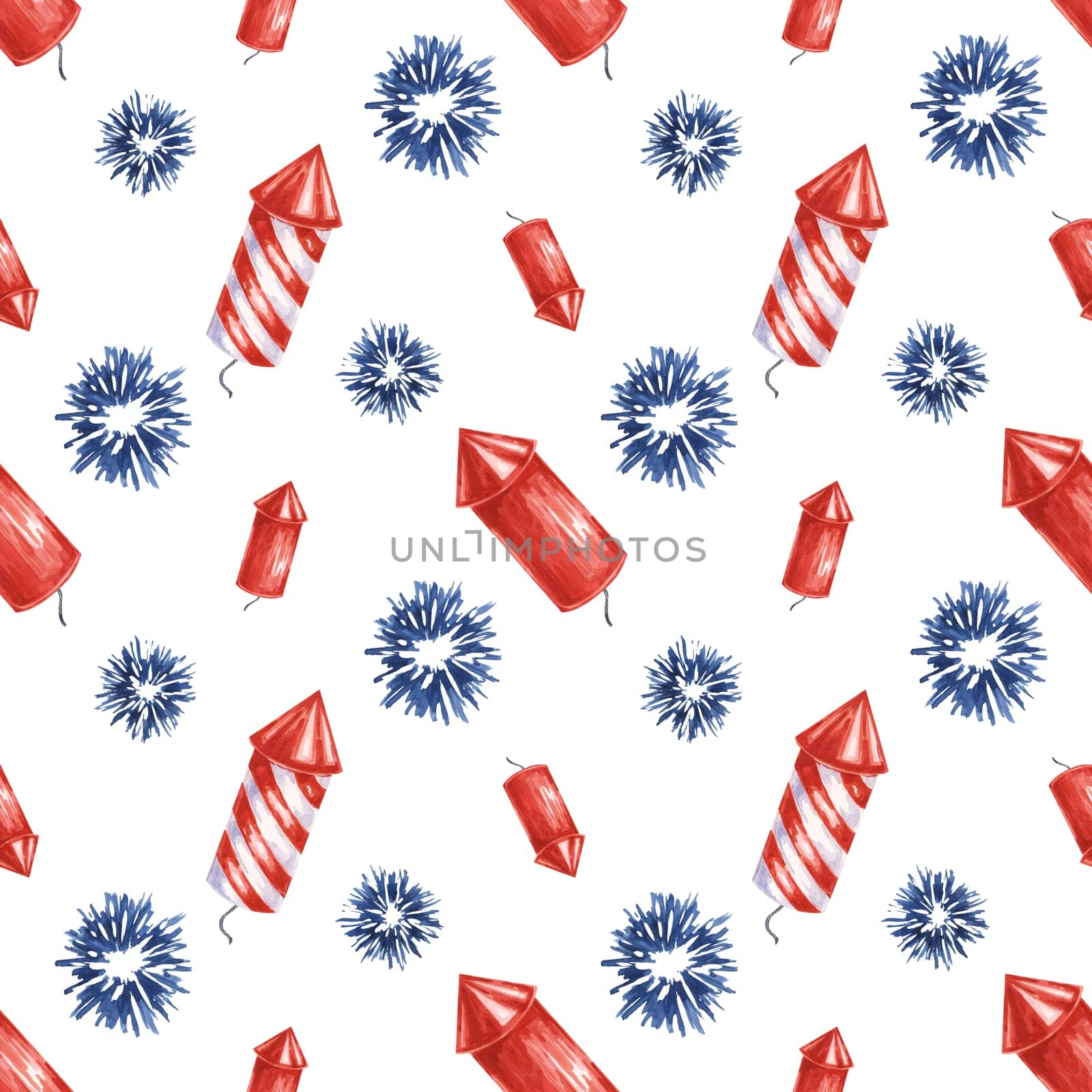 Fourth of July seamless pattern. Red, Blue, firecrackers and fireworks bursts. Independence day national holiday clipart for wrapping paper, napkins by Fofito