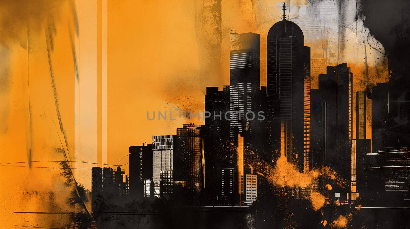 An abstract depiction of a city skyline during sunset, characterized by bold orange and black hues. The silhouettes of tall buildings create a dramatic urban scene - Generative AI