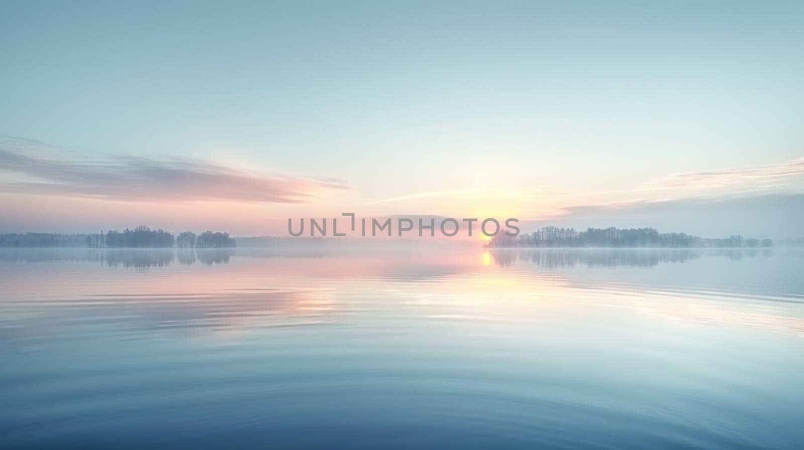 A beautiful, serene lake with a pink and purple sky in the background.