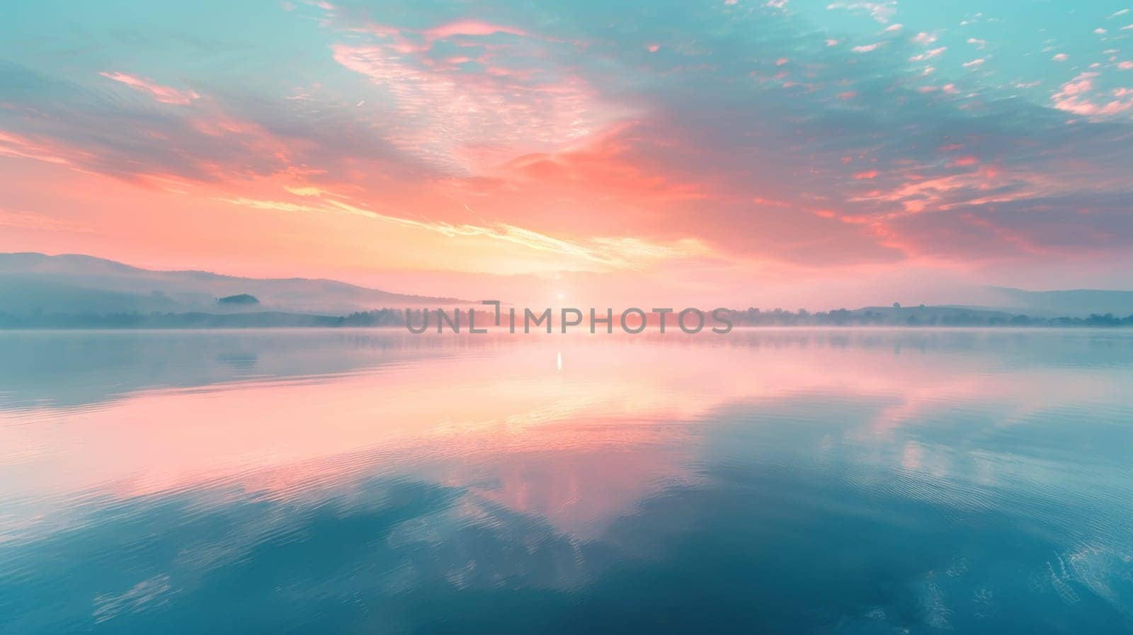 A beautiful, serene lake with a pink and purple sky in the background.