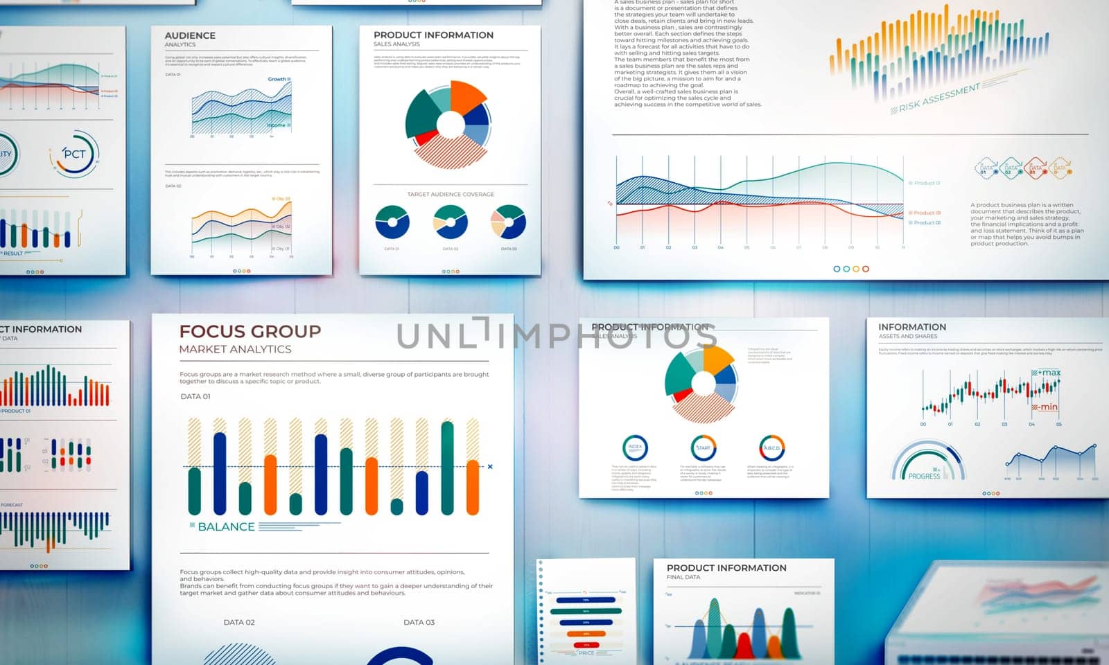 Top view of an office desk with a set of documents with business charts.