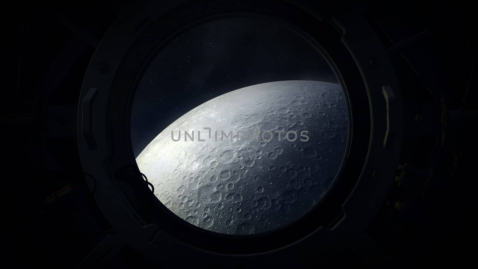 The gray surface of the moon from the porthole of a spaceship. by ConceptCafe