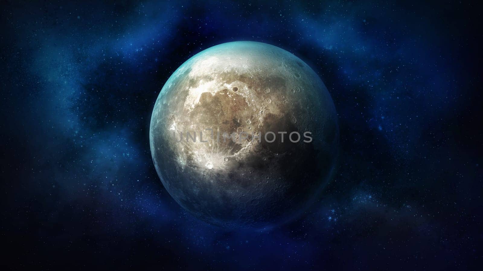 View of the moon on a dark blue background of cosmic nebulae and stars.