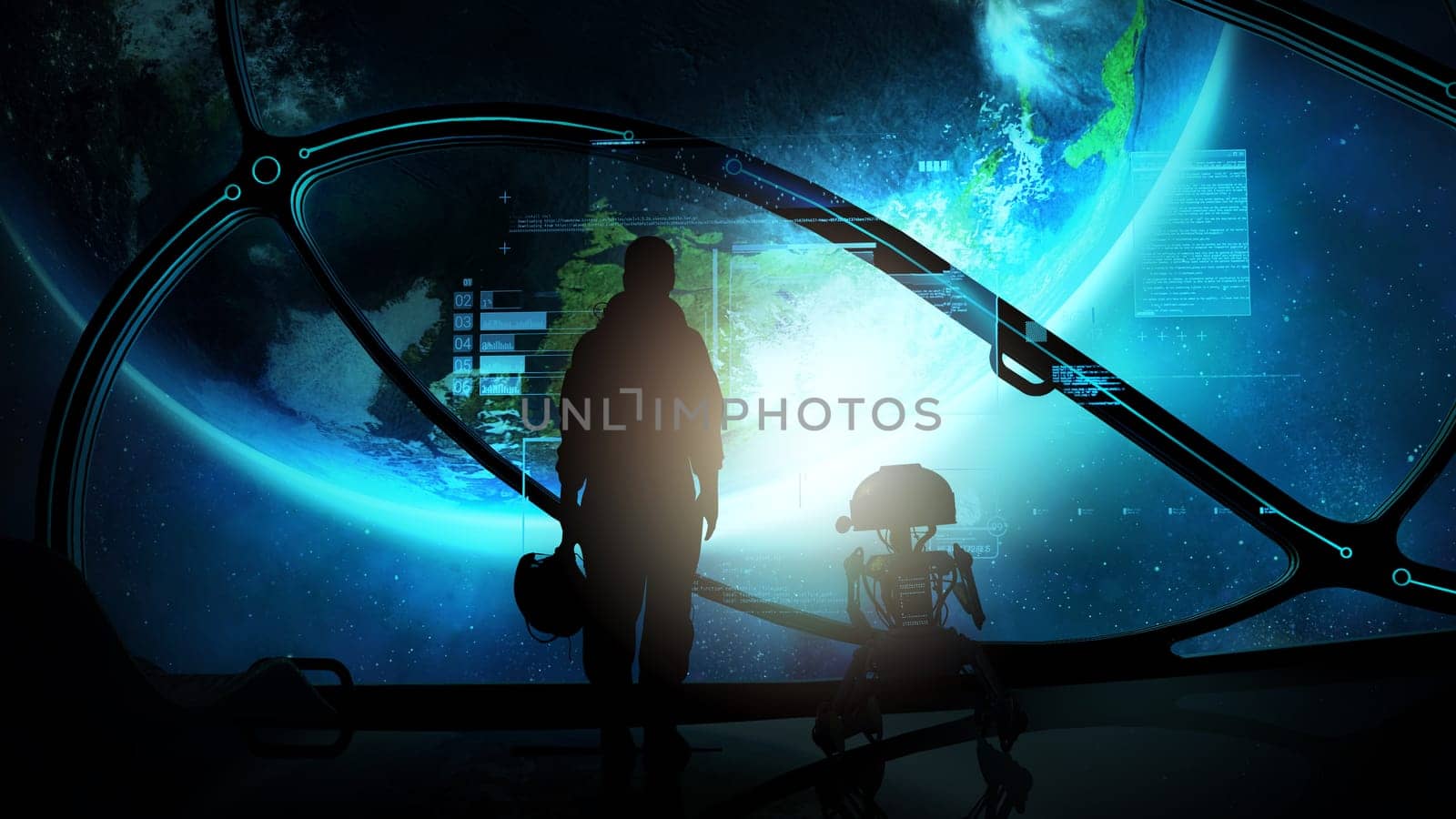 Astronaut and droid at the porthole of a ship in orbit of the earth. 3D render by ConceptCafe