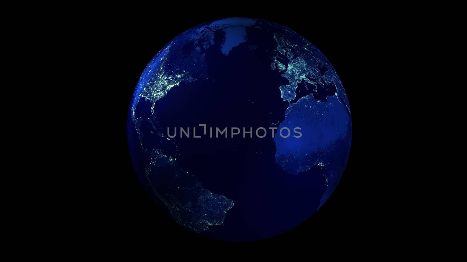 Earth from space on black background showing North and South America, Europe and Africa. The night half of the Globe.