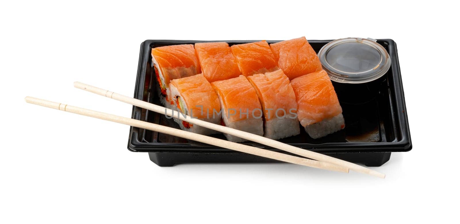 Take out packed sushi roll isolated on white background