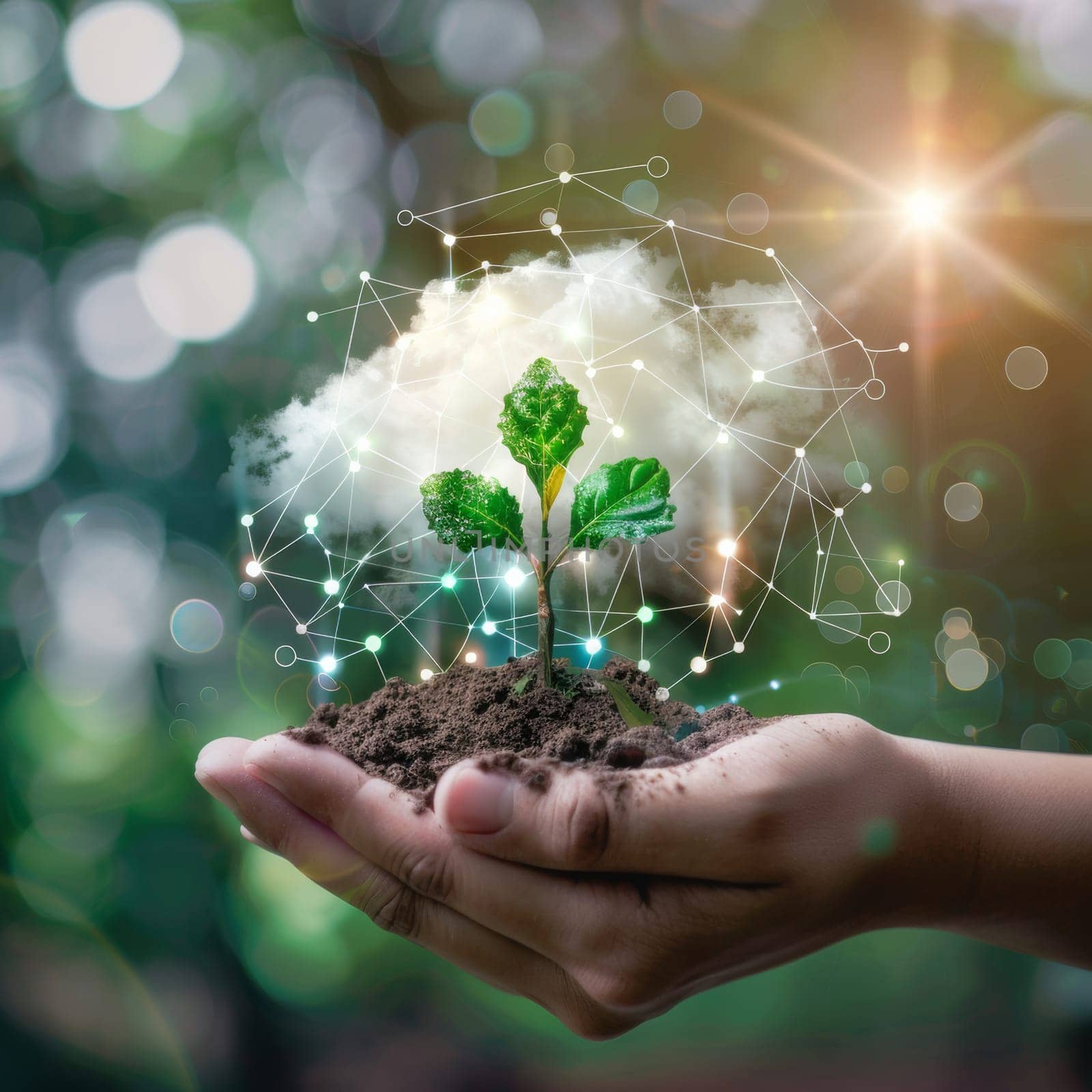 Hand holding a growing small tree with help of AI. Innovation and sustainability by using new technologies concept.