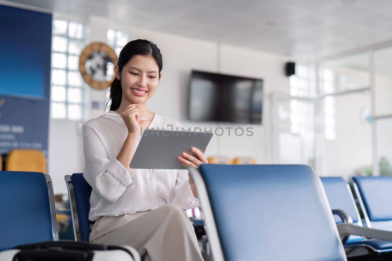 Businesswoman Professional Using Tablet at Modern Airport Lounge for Work and Communication by nateemee