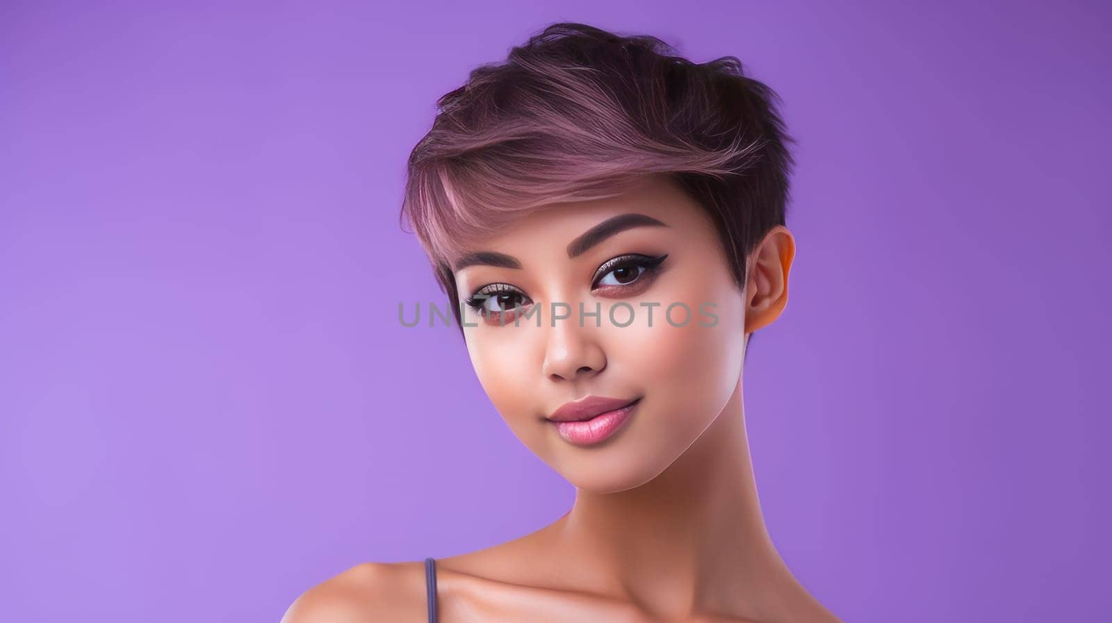 Portrait of a beautiful, sexy, smiling Asian woman with short hair, with perfect skin, purple background, banner. Advertising of cosmetic products, spa treatments, shampoos and hair care products, medicine, perfumes and cosmetology