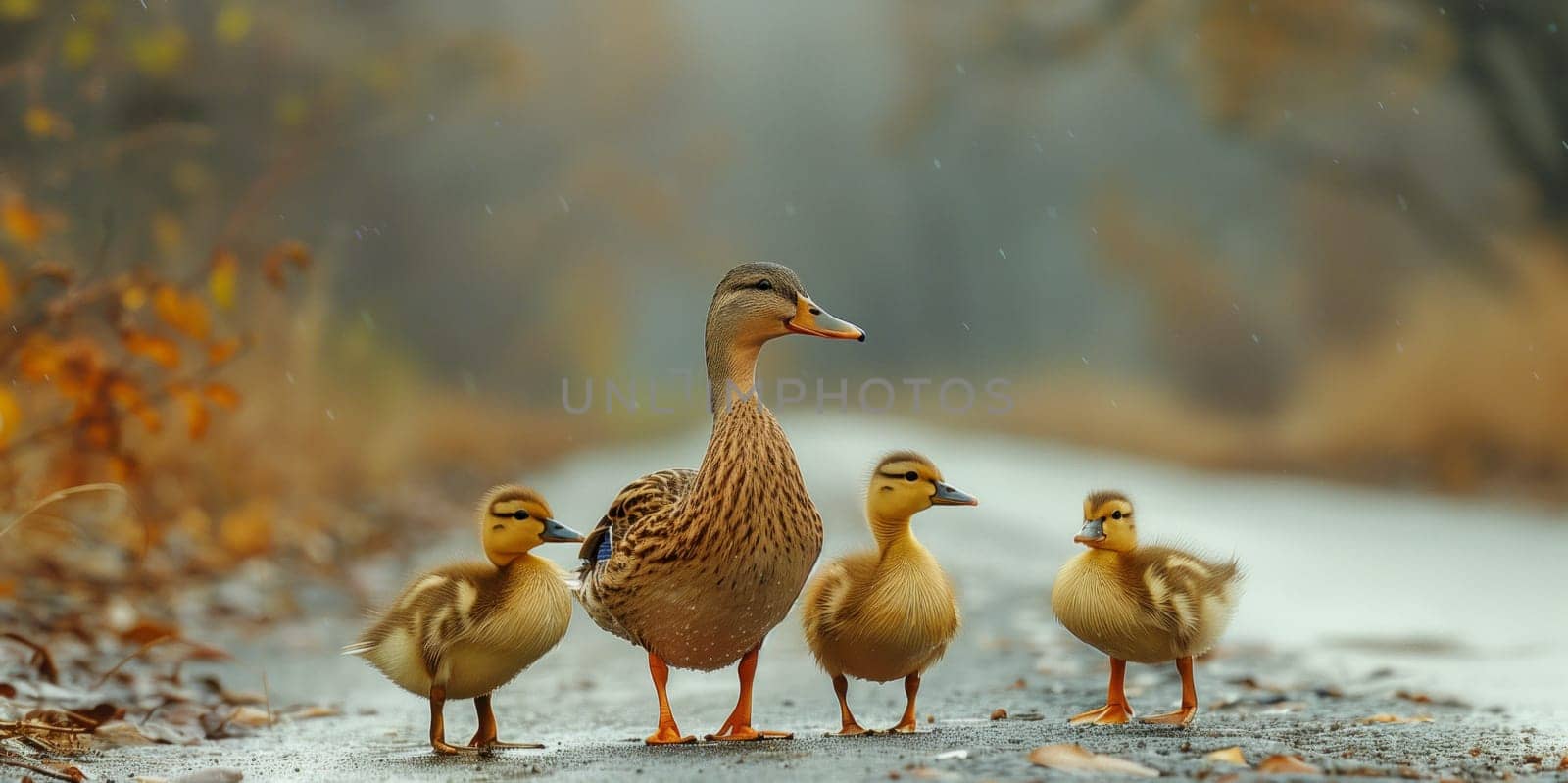A female Mallard duck leads three ducklings down a path covered in fallen leaves. The ducks are walking in single file, with the mother at the front. The background is blurred and out of focus, giving the image a soft and dreamy feel.