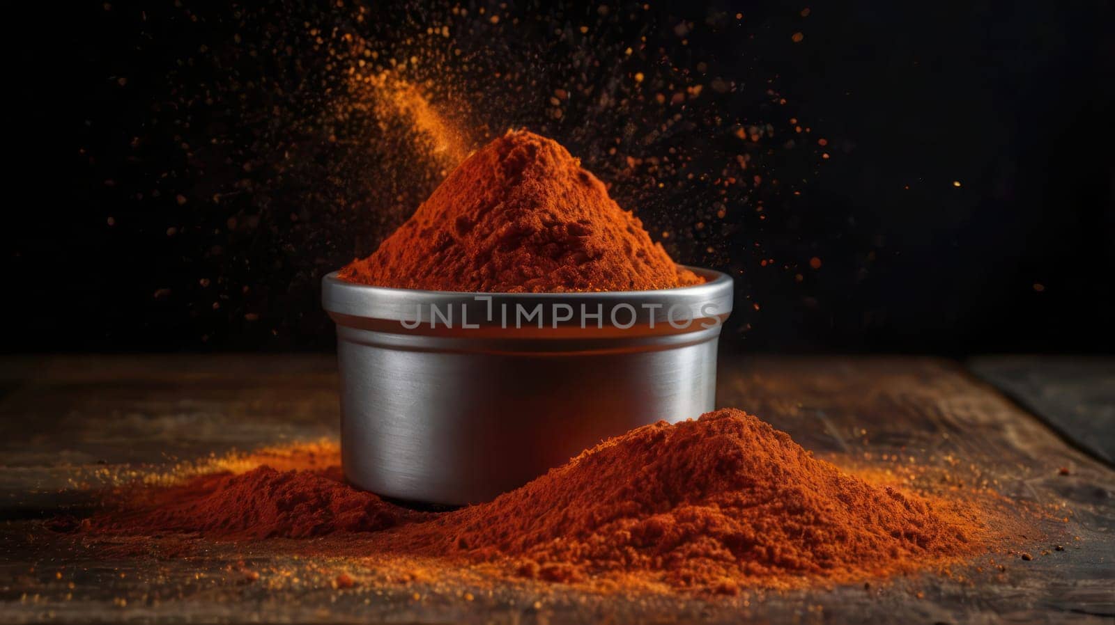 Red paprika in rustic metal container, with paprika powder floating in the air. by VeroDibe