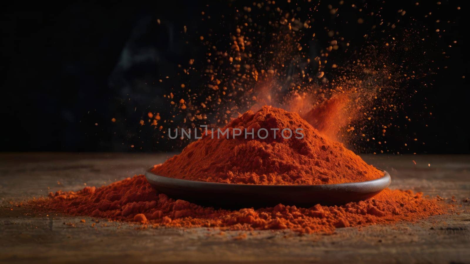 Macro photo of a plate of paprika on wooden table, black background. by VeroDibe