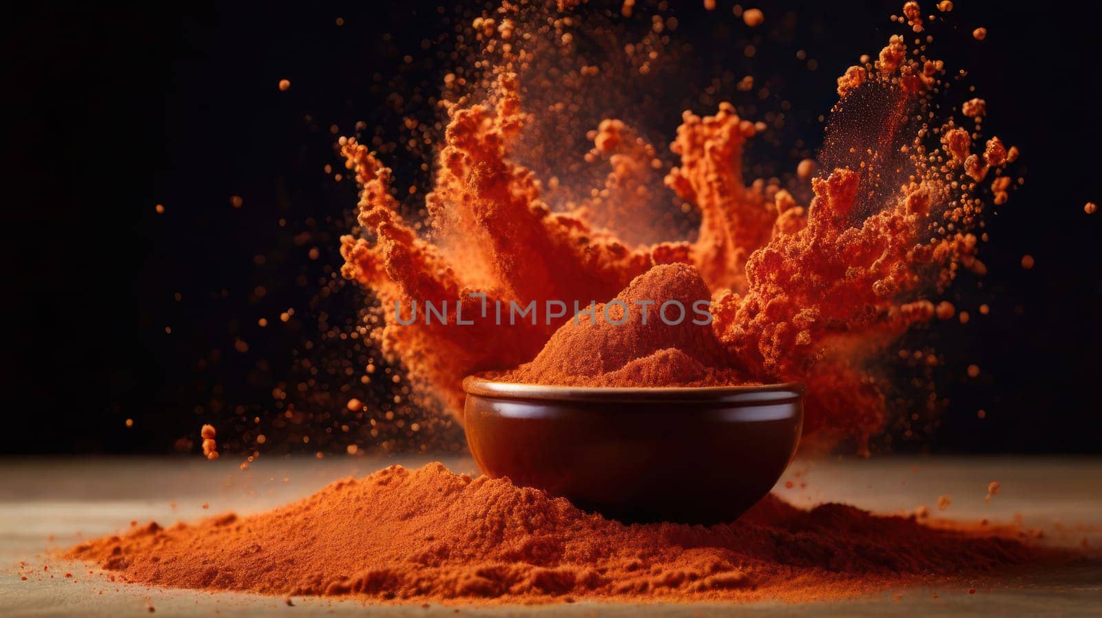 Brochure, graphic resource for spices and food promotions.Powders in motion, concept of explosion of flavours, space for text.