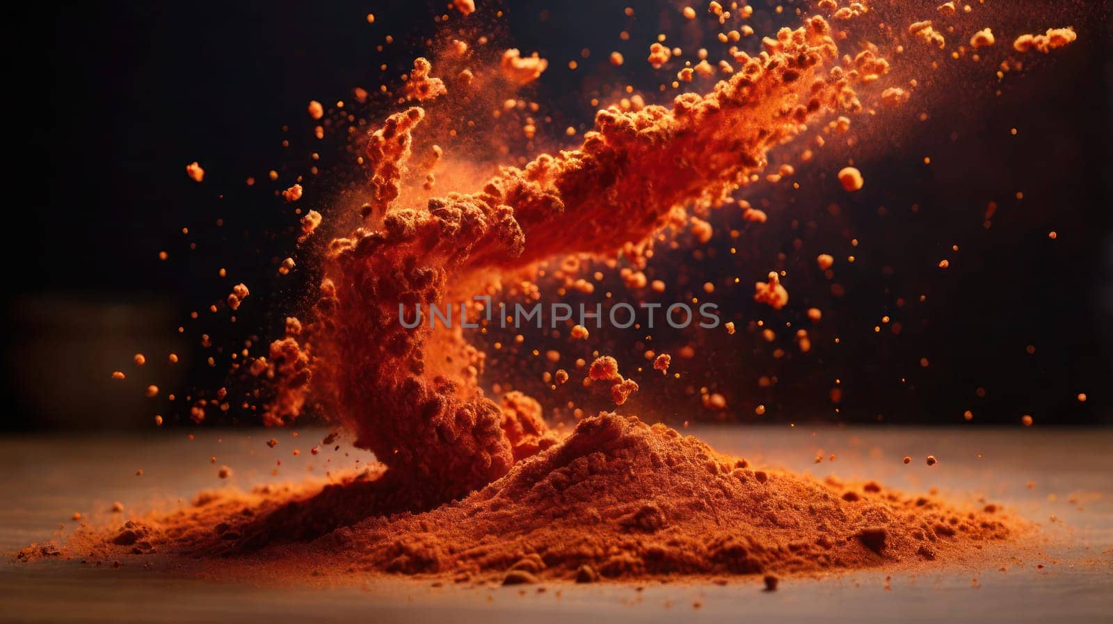 Powders in motion, concept of explosion of flavours, space for text.Brochure, graphic resource for spices and food promotions.