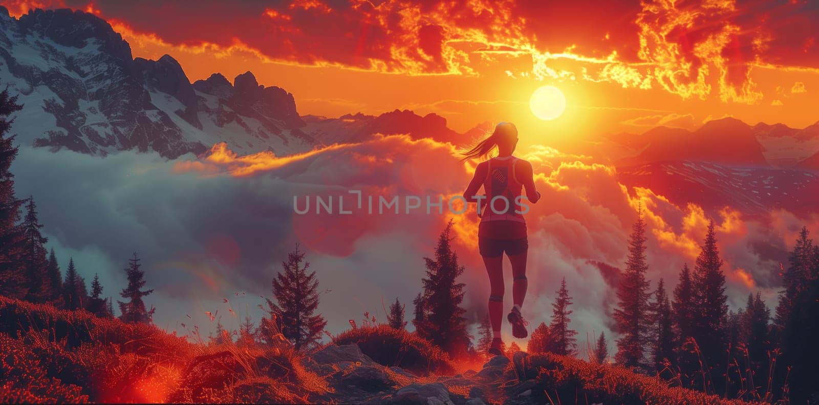 A woman runs along a mountain path towards a bright orange sunset, with snow-capped peaks rising behind her. The clouds are illuminated by the setting sun, creating a dramatic and vibrant scene.