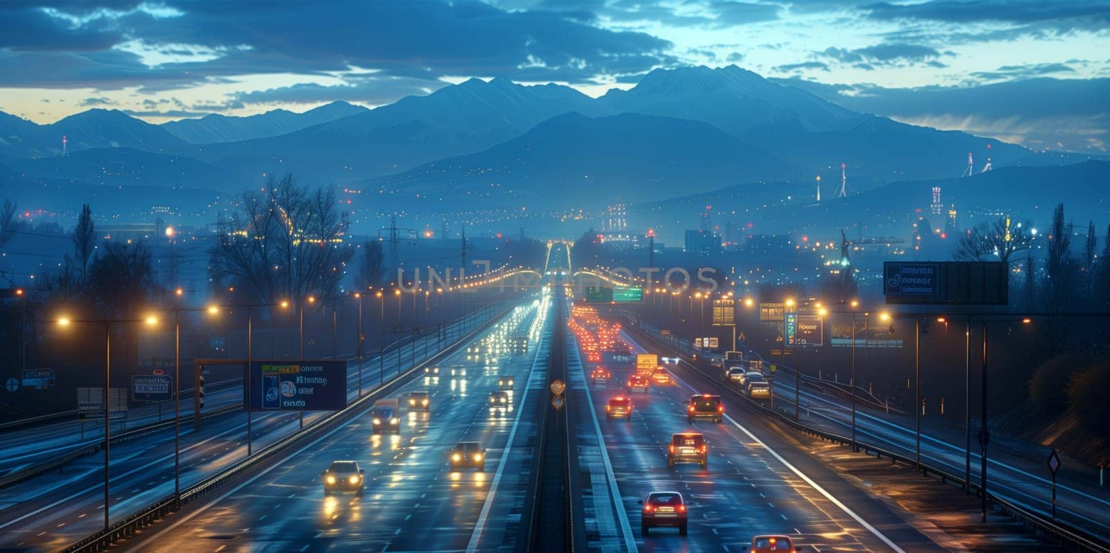 A long exposure shot of a highway at dusk. The city lights and streetlights reflect on the wet asphalt. Traffic moves along the highway with a mountain range in the distance. The sky is a deep blue with hints of purple and orange.
