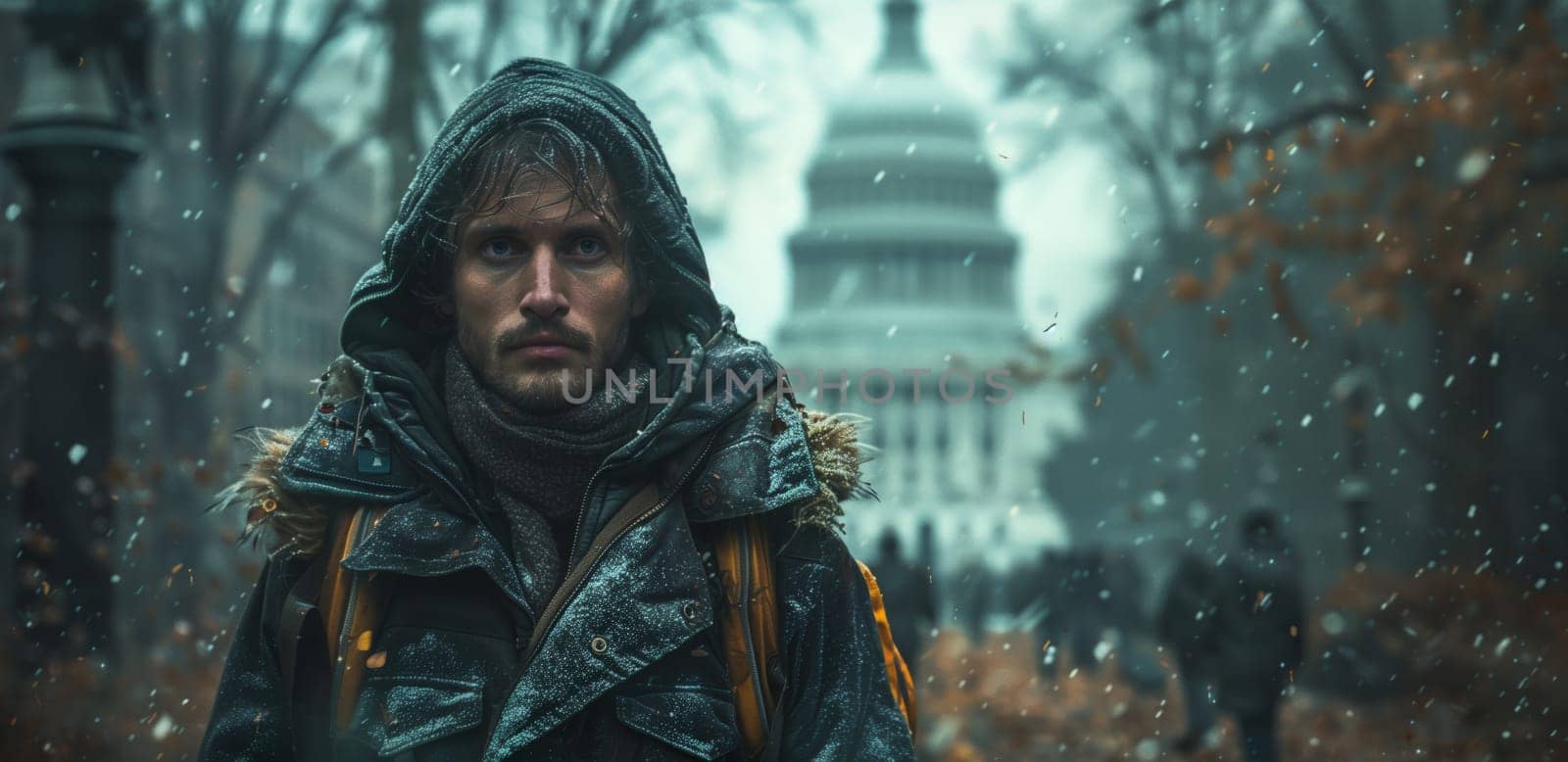A man in a hooded jacket walks through a snowy park in Washington, DC. The US Capitol Building is visible in the background. The man appears to be bundled up for the cold weather.