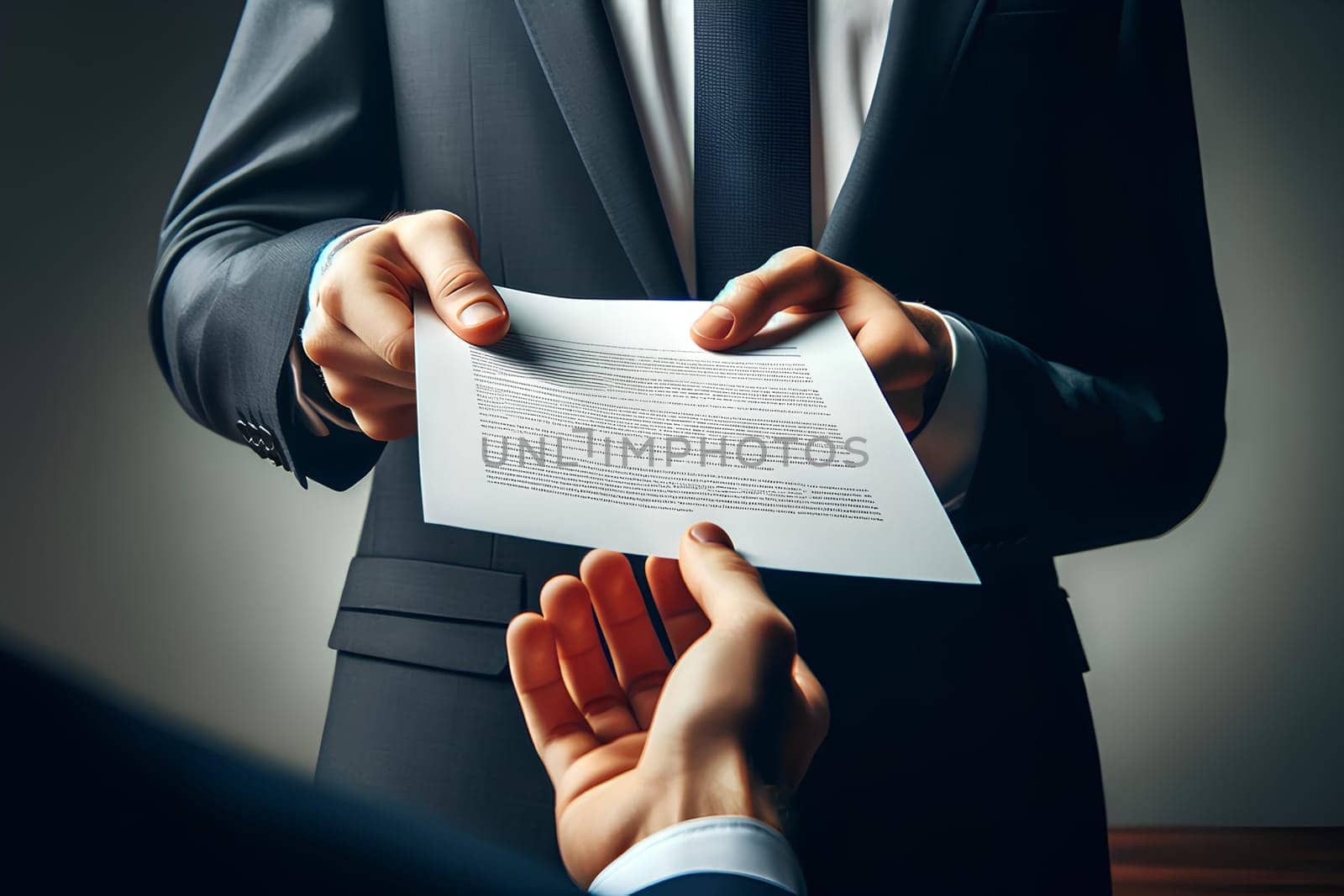 conclusion of a contract, a man in a business suit passes the document to another businessman.