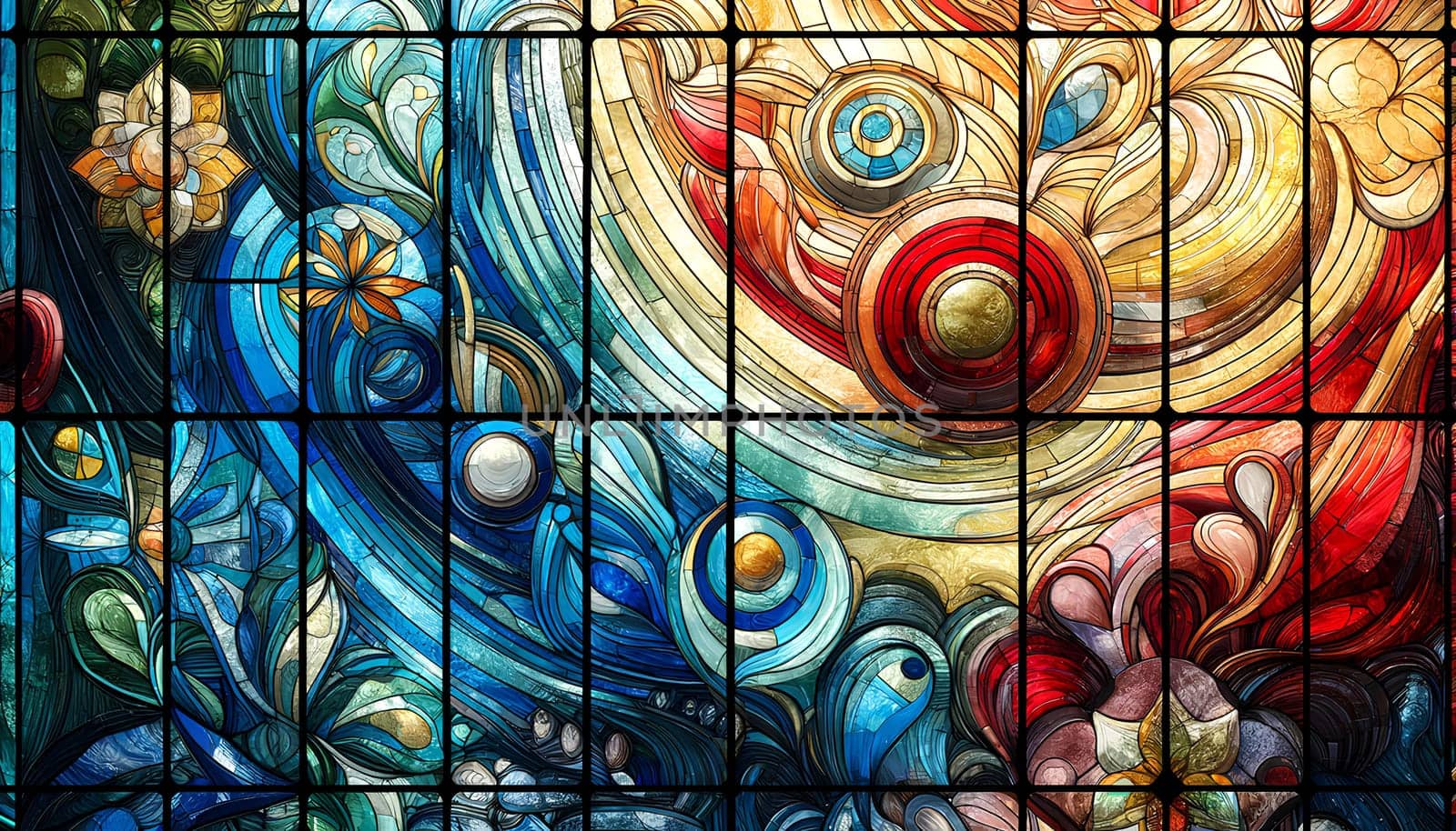 horizontal background of stained glass in abstract and floral style.