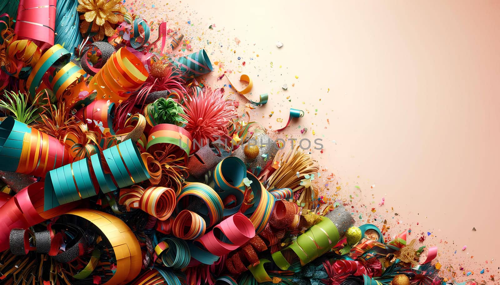 a festive background of party poppers, streamers, and confetti, copy space.