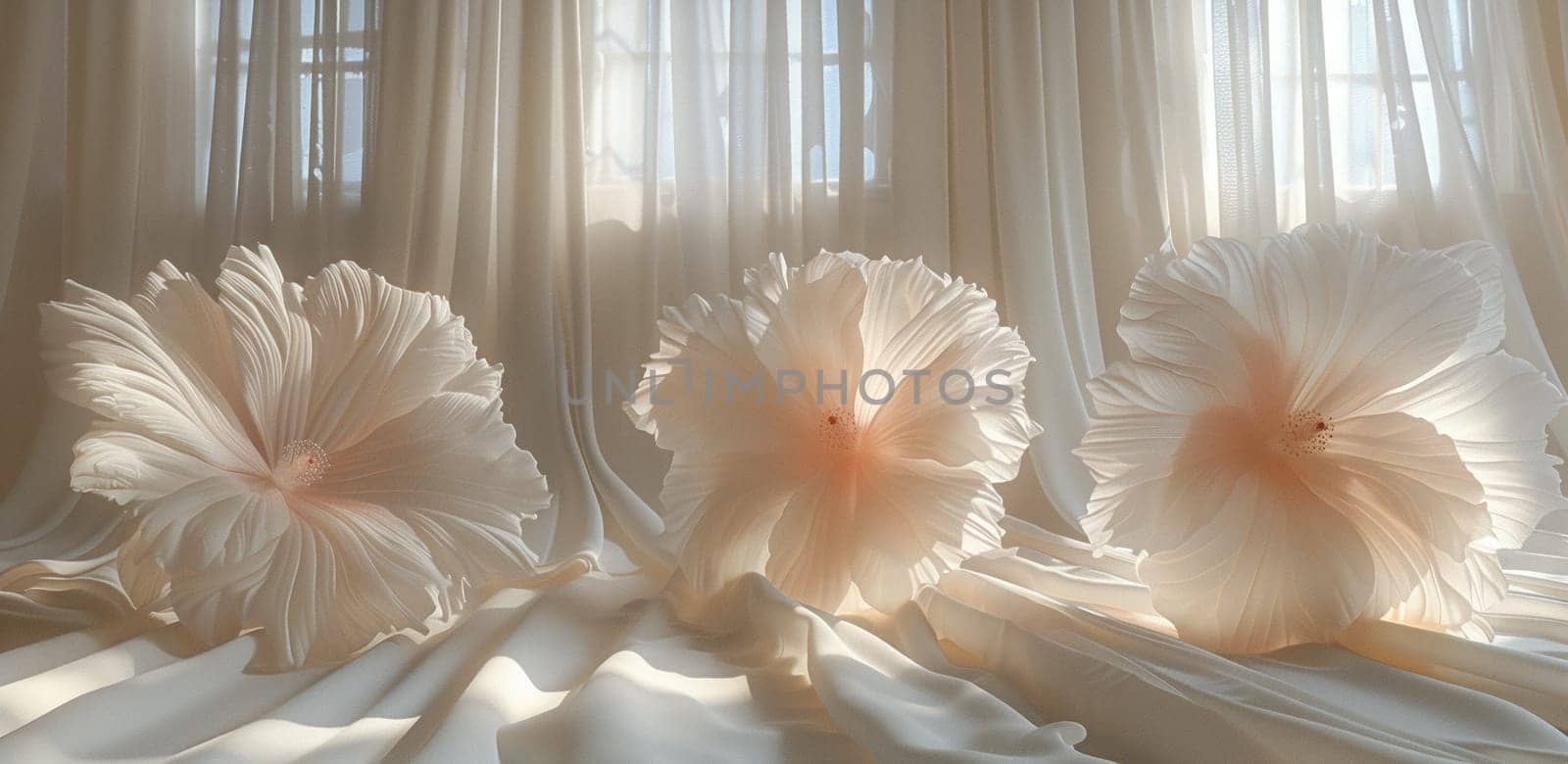 A close-up photograph of three white flowers with a delicate texture. The flowers are positioned on a white fabric surface, bathed in soft sunlight filtering through sheer curtains. The image has a gentle and airy feel, highlighting the delicate beauty of the flowers.