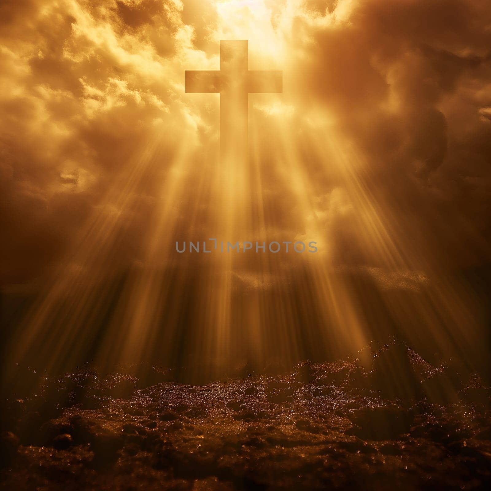 Cross illuminated by sunlight rays through clouds with a golden heavenly glow and divine inspiration